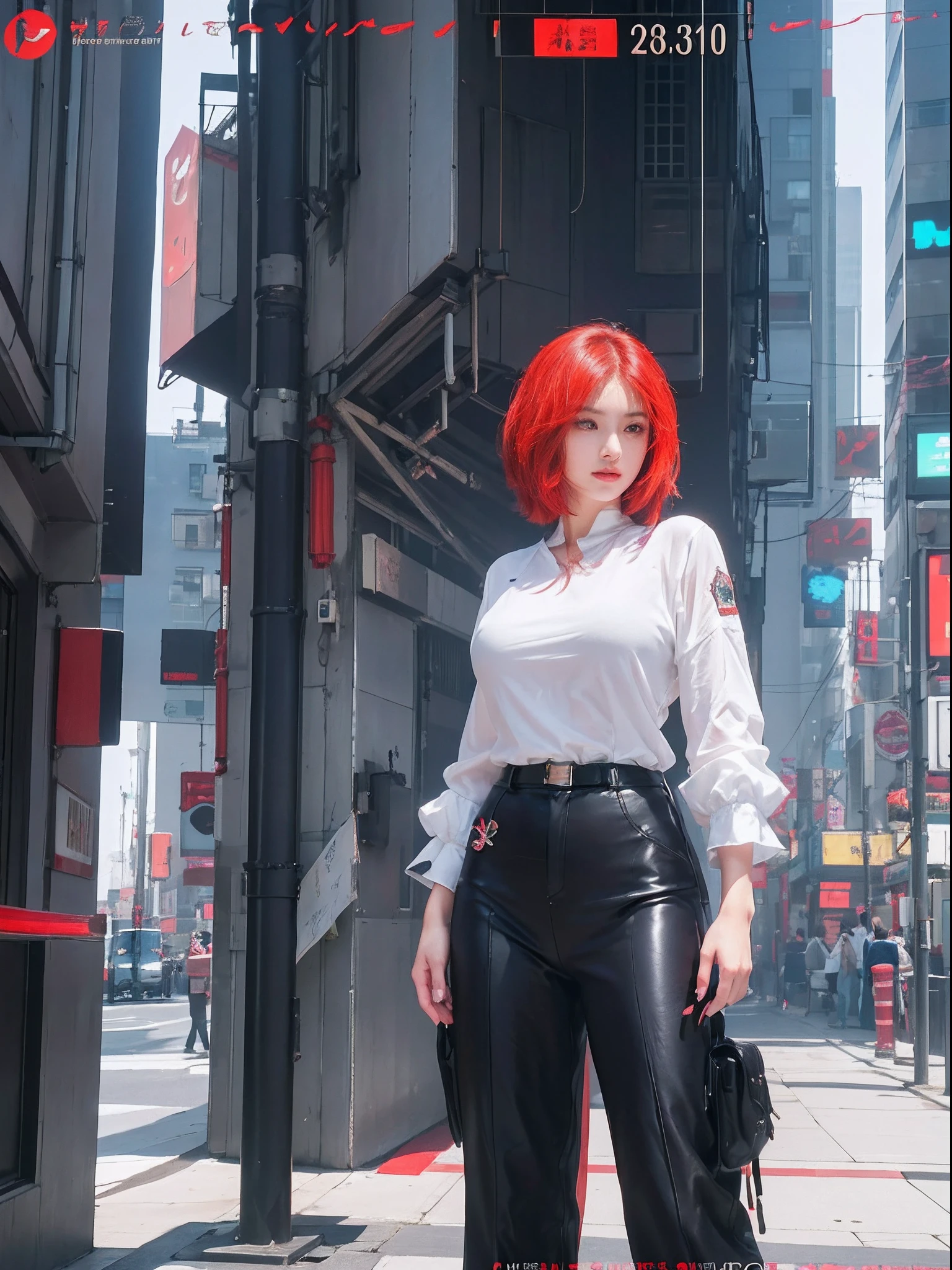 1girl, 8k portrait of beautiful girl with short dark red hair, asian skin tone, intricate, elegant, realistic depth of field photography, perfect natural lighting (masterpiece, sidelighting, finely detailed beautiful eyes: 1.2), short hair, realistic lots of hair, realistic suit, realistic human face, realistic cyber city background