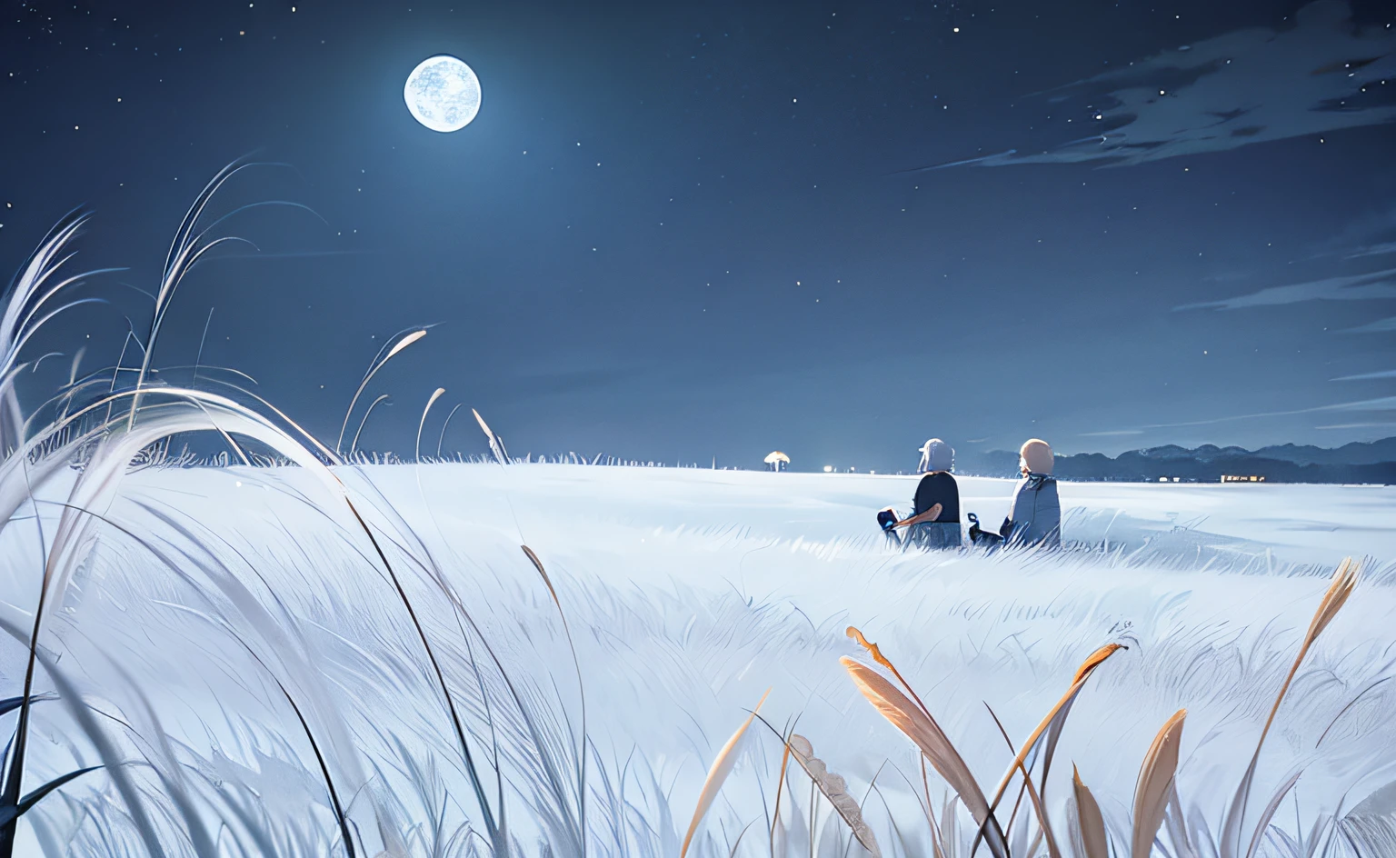 Drawing of a moonlit night,grassy fields,Anime style,Ink wind,Clear nights,Long grass,wheat field,cold shades。Scene illustration