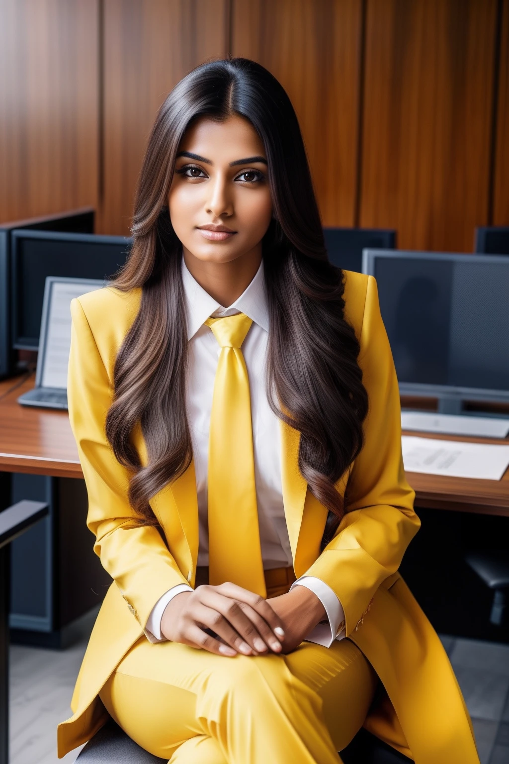 indian long hair woman in yellow suit and tie sitting at a table, photo of a woman, sitting at desk, wearing a loyer suit, corporate photo, handsome woman, professional portrait hd, wearing doctors white suit, sitting at a desk, a photo of a woman, handsome and attractive, professional profile photo, attractive long hair woman, sitting behind desk