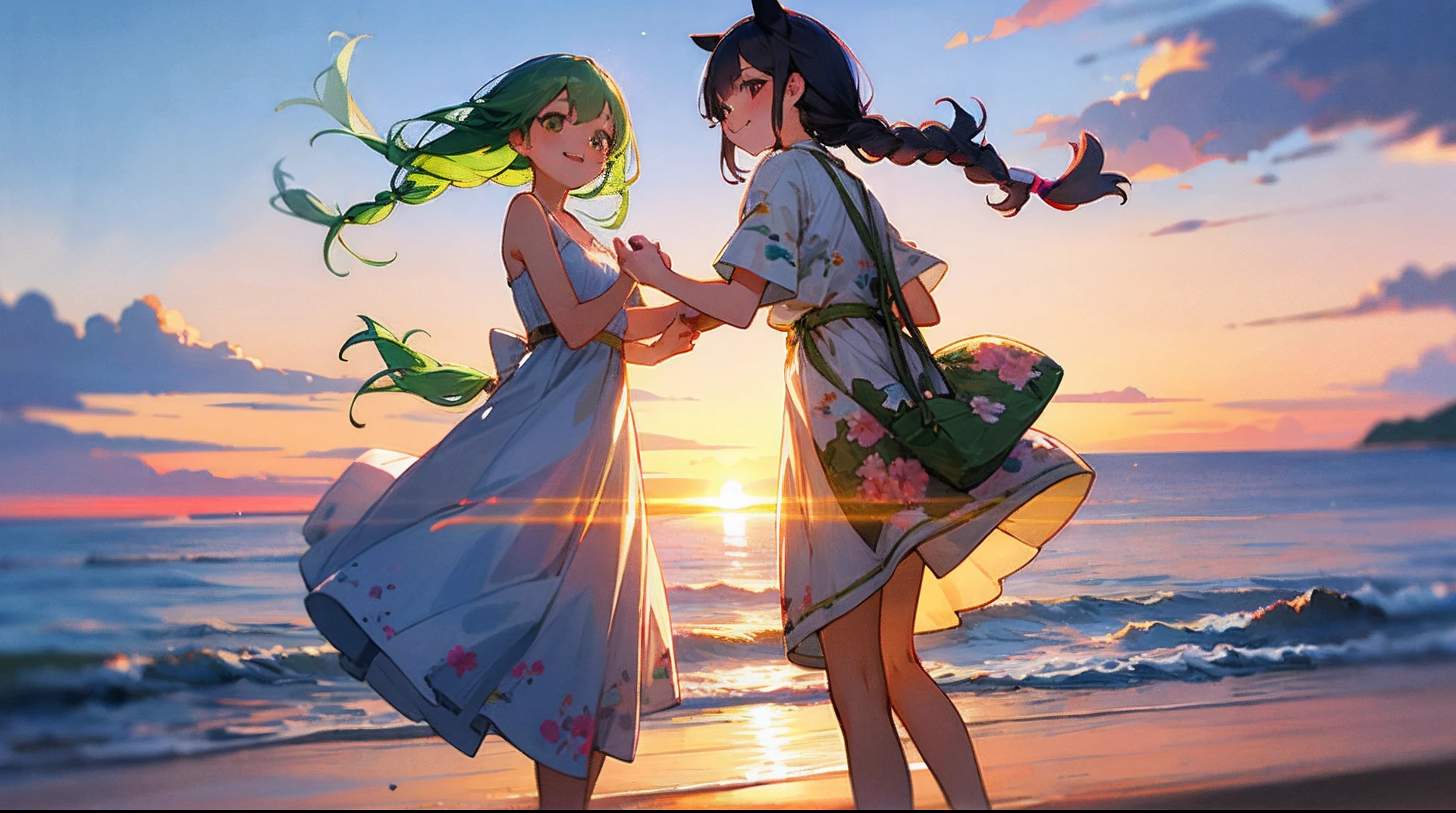 18 pure girls,dual horsetail,Twist braids,And then on the beach by the sea,At sunset,Tall and tall,Wearing a white floral dress,Affectionate,Smile sweetly into the camera,4k画质,photorealestic