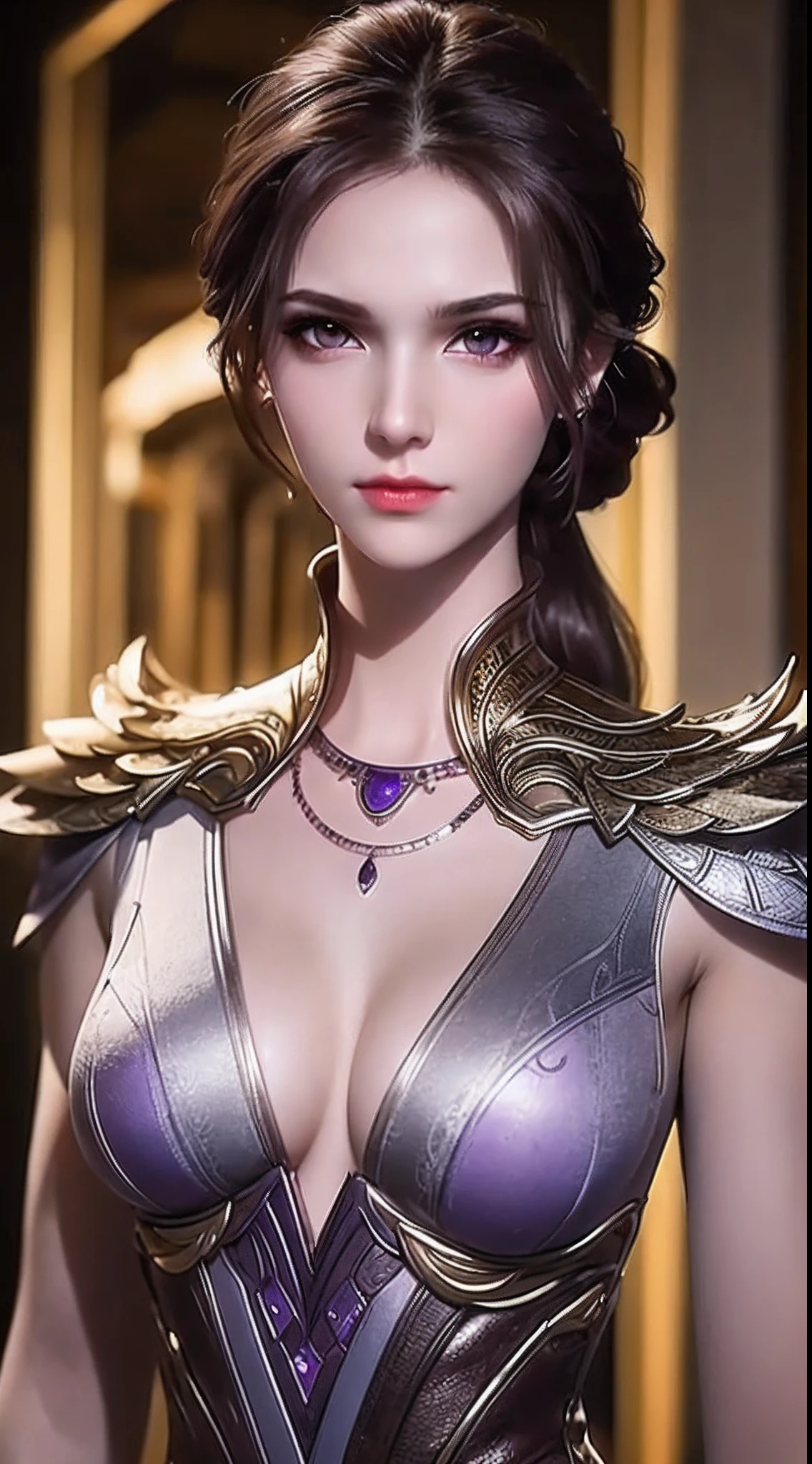 1 sexy goddess wearing sexy purple armor, armor with many intricate and sophisticated patterns, thin armor, deep slit shirt, long and silky purple hair, The most beautiful and detailed hair jewelry, beautiful little face thin eyebrows, the most beautiful and spotless face, ((black iris:0.8)), the very beautiful eyes, big round eyes, ((dark purple color eyes:1.1)), fine and detailed makeup eyelashes, high nose, wearing earrings, small red lips, rosy face, clean face, beautiful face without blemish, smooth white skin, ((big breasts: 0.9)), Blums boobs, ((big and super round breasts:0.9)), ((super tight breasts:1.2)), ((breast augmentation: 0.8)), beautiful breasts, slim and petite body, ((thin waist: 0.9)), upper body of a beautiful girl, Hot and sexy petite body, sexy girl, 8k photo, super high quality, super realistic, 10x super pixels, photo realistic, dark studio, border light, two tone light, (detailed skin high: 1.2), 8k uhd, dslr, soft light, high quality, volumetric light, candid, Photo, high resolution, light, best photo, 4k quality, 8k, Bokeh, Smooth and sharp, pixel up 10 times, (background space: 1.8), (galaxy: 1.7), aurora, lightning, super graphics, the most realistic graphics,(Aurora Background: 1.8), alone, solo, portrait 9:16, Extremely sharp, super realistic images,