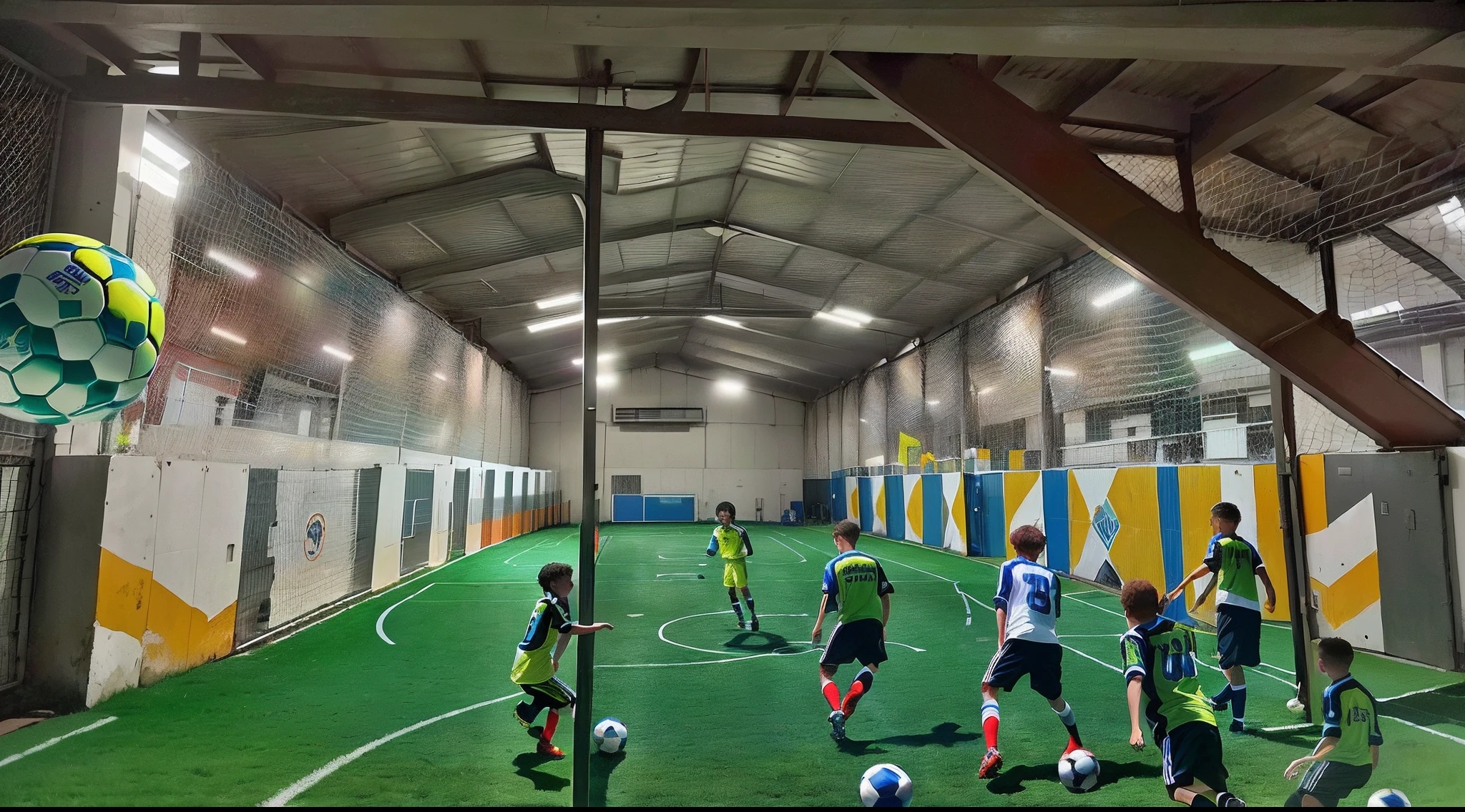 Children playing on a 5-a-side football pitch, Entorno interior, Toma en interior, Entorno deportivo, wow es hermoso, Soccer balls, Amazing graphics, Disparo de apertura, Juego deportivo, Vista interior, GoPro, cielo colorido, Familia, lineas color rojo, paredes rojas, (children defined)