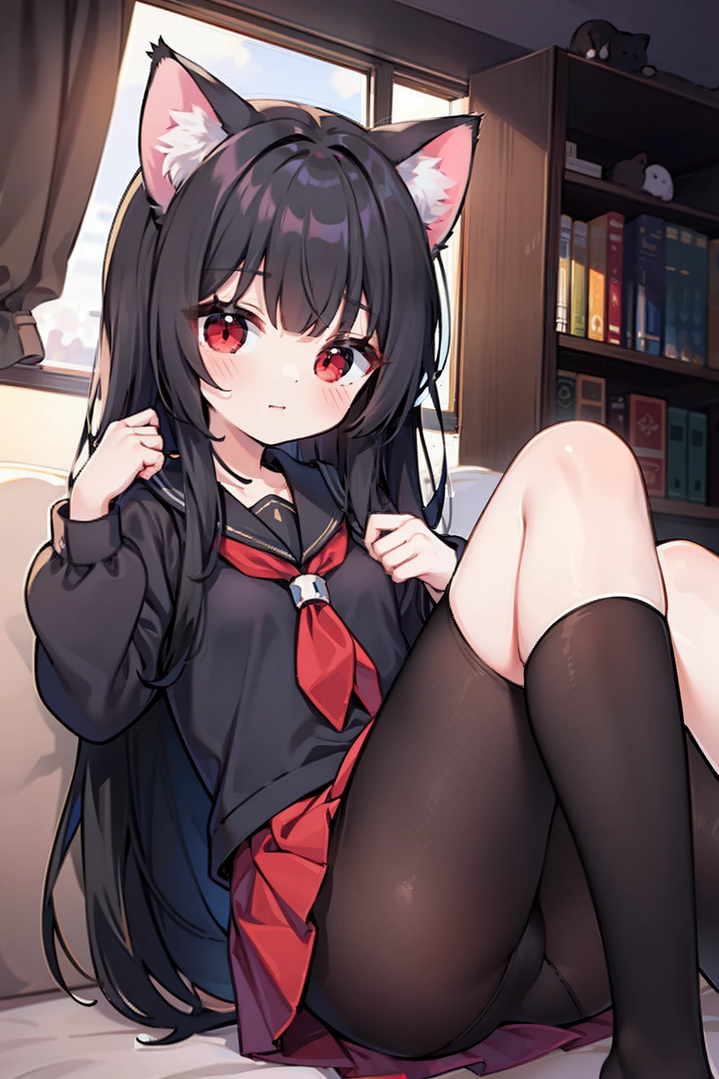 Black hair, Cat ears, Cat girl, Red eyes, Student clothes，Superskirt，blacksilk，