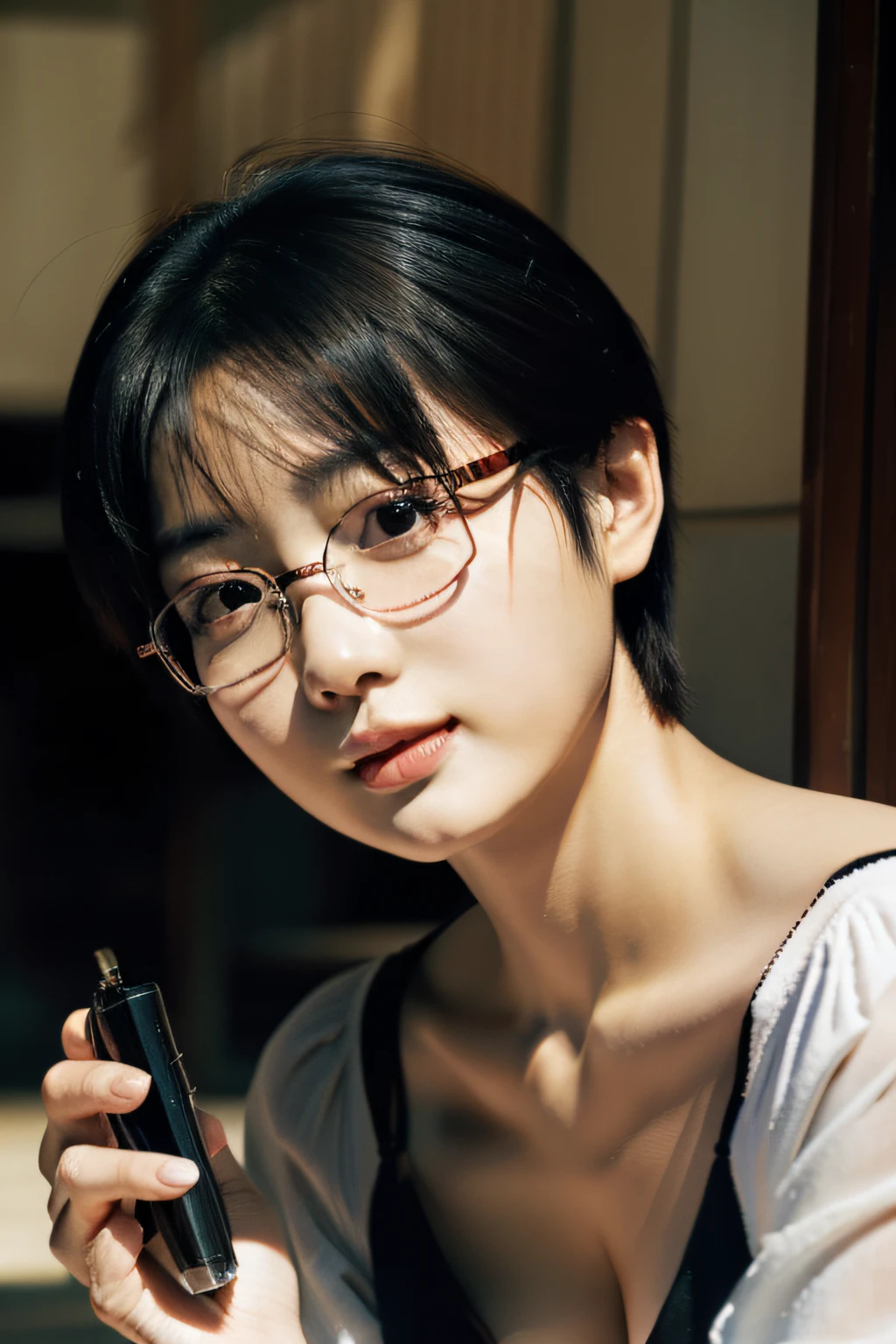 Saito Asuka,short detailed hair,Wear glasses,closeup cleavage,flatchest,hand behind head,with a round face,style of photography,Real Photographics,
