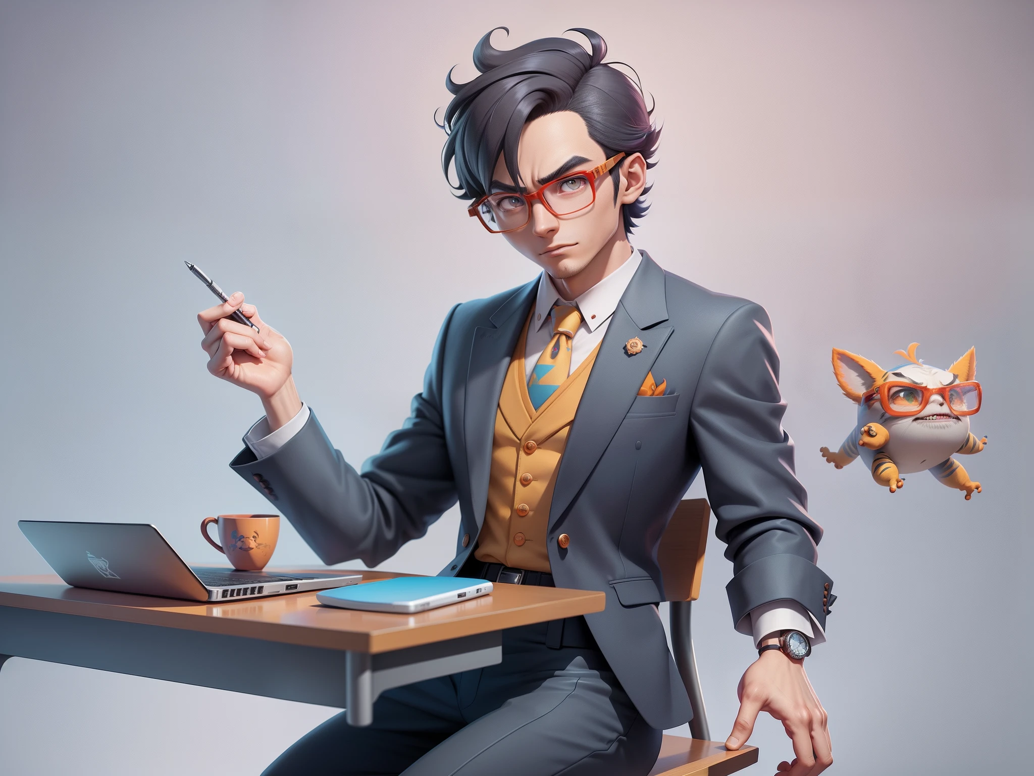 A young man in a suit, Short hair and glasses sat at his desk,holding laptop,digitial painting,tigre,3D character design by Mark Clairen and Pixar and Hayao Miyazaki and Akira Toriyama,4K HD illustration,Very detailed facial features and cartoon-style visuals。