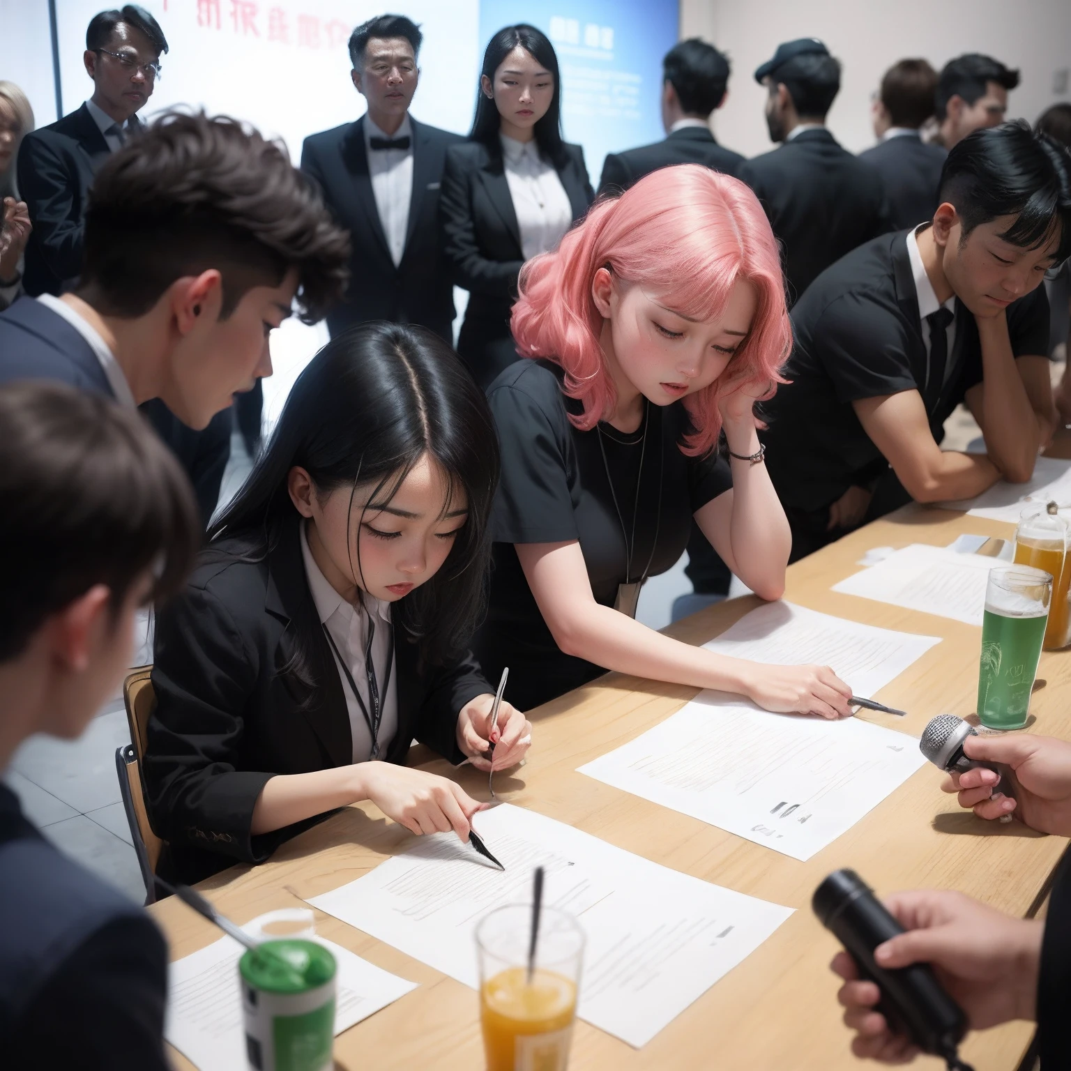 Press conference，A group of people are bowing