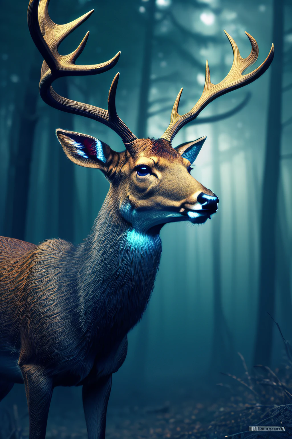 a close up of a deer with glowing antlers in a forest, 3d digital art 4k, digital art animal photo, digital artwork 4 k, holographic creatures, 4k highly detailed digital art, 8k high quality detailed art, 4k detailed digital art, 8 k ultra realistic animal, digital art 4k, digital art 4 k, detailed digital 3d art --auto