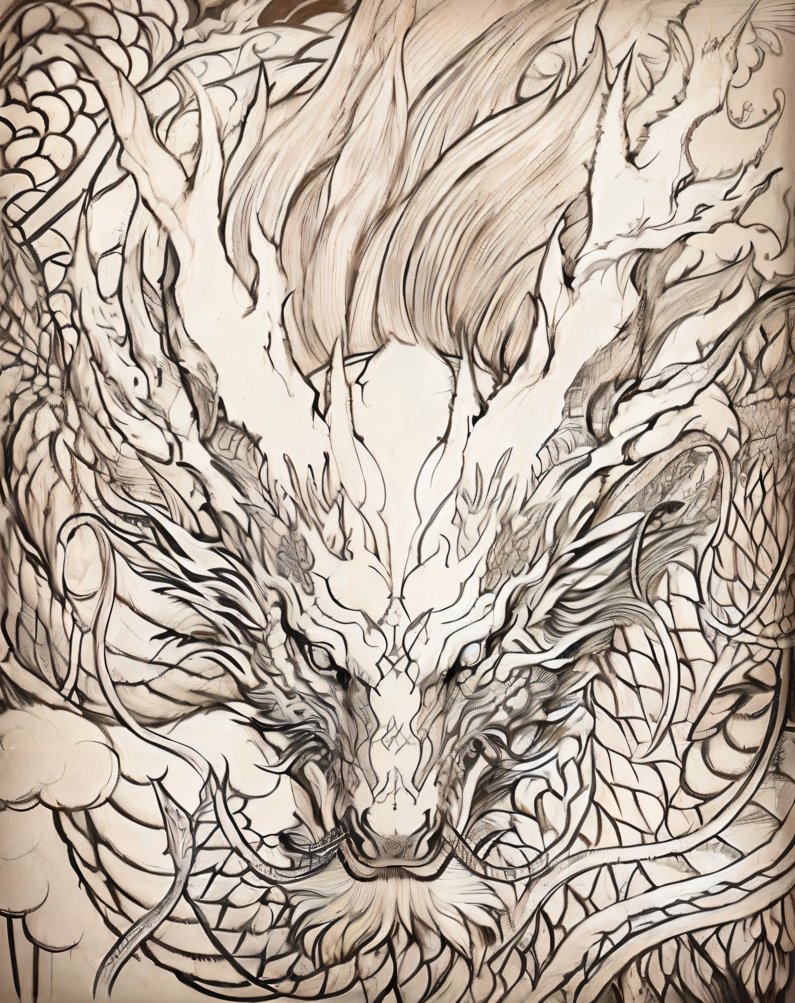 Detailed dragon paintings、Tattoo sketches、highly detailed linework、Design inspired by Fusai Kameda、Inspired by Li Gonglin、Tattoos inspired by Katsuya Terada、Tattoo Design Sketch、Design inspired by Li Kan、Complex detailed drawings、Medium size tattoo sketch、Insanely detailed line art。