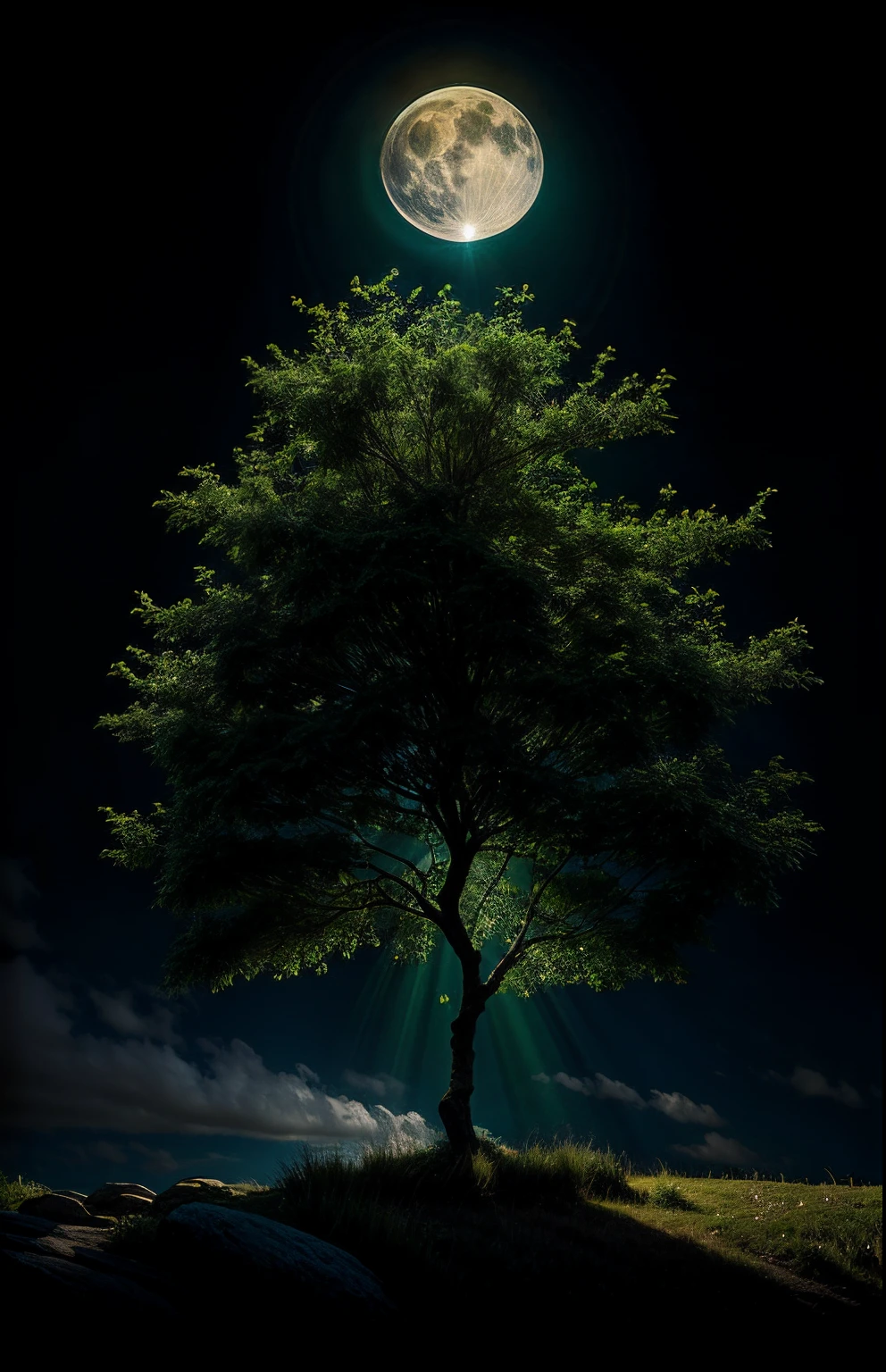 an osmanthus tree, Fluffy, Photorealsitic, Atmospheric light refraction, author:Lee Jeffries,Nikon, D850 film, Kodaport Porter, 400 cameras ,F1.6 Rich colors for lenses Ultra-realistic realistic textures Dramatic lighting Unreal Engine ArtStation Cinestill 800 ,Tilt down,under moonlight,Light color and green,4K,Dreamy,