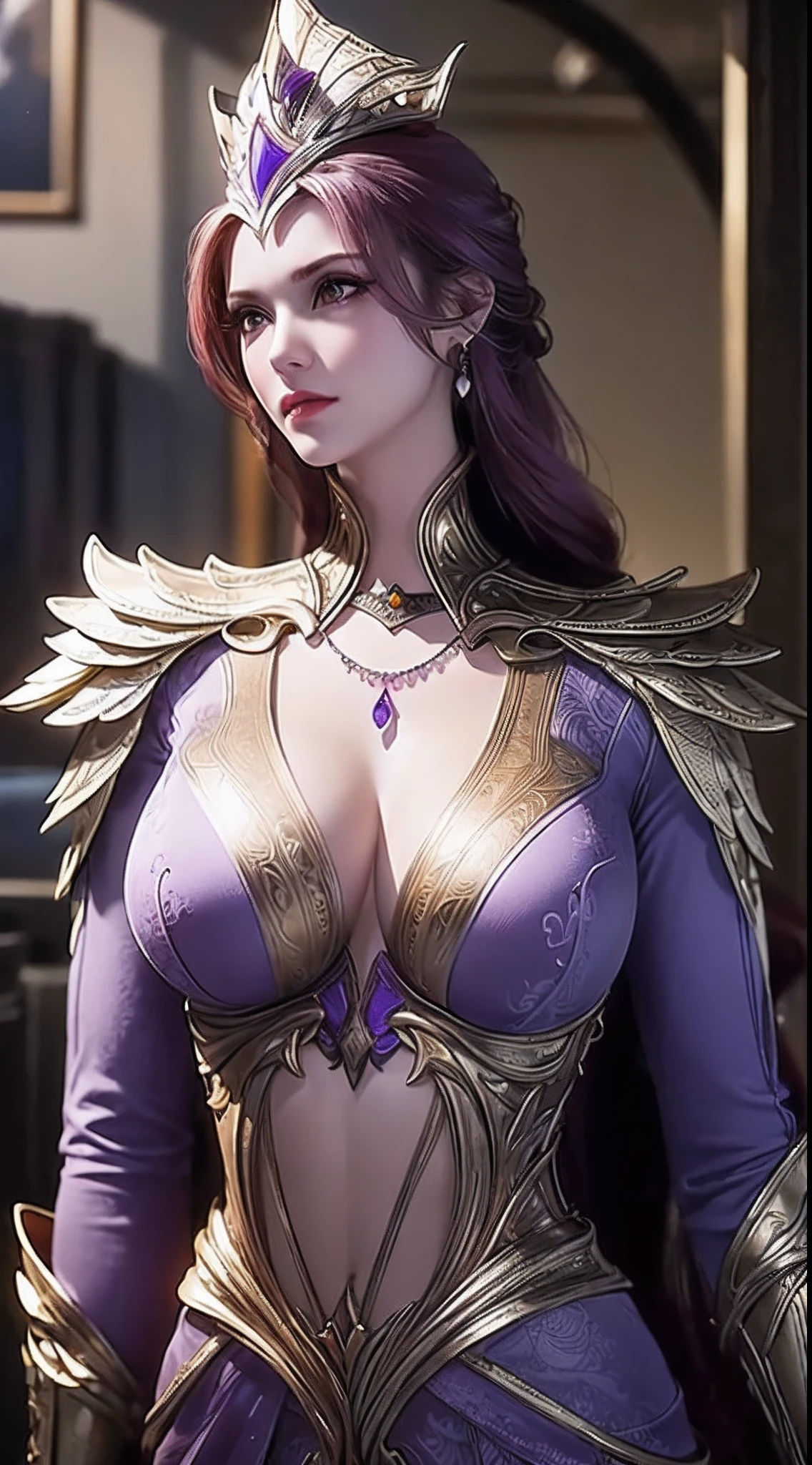 1 sexy goddess wearing sexy purple armor, armor with many intricate and sophisticated patterns, thin armor, deep slit shirt, long and silky purple hair, The most beautiful and detailed hair jewelry, beautiful little face thin eyebrows, the most beautiful and spotless face, ((black iris:0.8)), the very beautiful eyes, big round eyes, ((dark purple color eyes:1.1)), fine and detailed makeup eyelashes, high nose, wearing earrings, small red lips, rosy face, clean face, beautiful face without blemish, smooth white skin, ((big breasts: 0.9)), Blums boobs, ((big and super round breasts:0.9)), ((super tight breasts:1.2)), ((breast augmentation: 0.8)), beautiful breasts, slim and petite body, ((thin waist: 0.9)), upper body of a beautiful girl, Hot and sexy petite body, sexy girl, 8k photo, super high quality, super realistic, 10x super pixels, photo realistic, dark studio, border light, two tone light, (detailed skin high: 1.2), 8k uhd, dslr, soft light, high quality, volumetric light, candid, Photo, high resolution, light, best photo, 4k quality, 8k, Bokeh, Smooth and sharp, pixel up 10 times, (background space: 1.8), (galaxy: 1.7), aurora, lightning, super graphics, the most realistic graphics,(Aurora Background: 1.8), alone, solo, portrait 9:16, Extremely sharp, super realistic images,