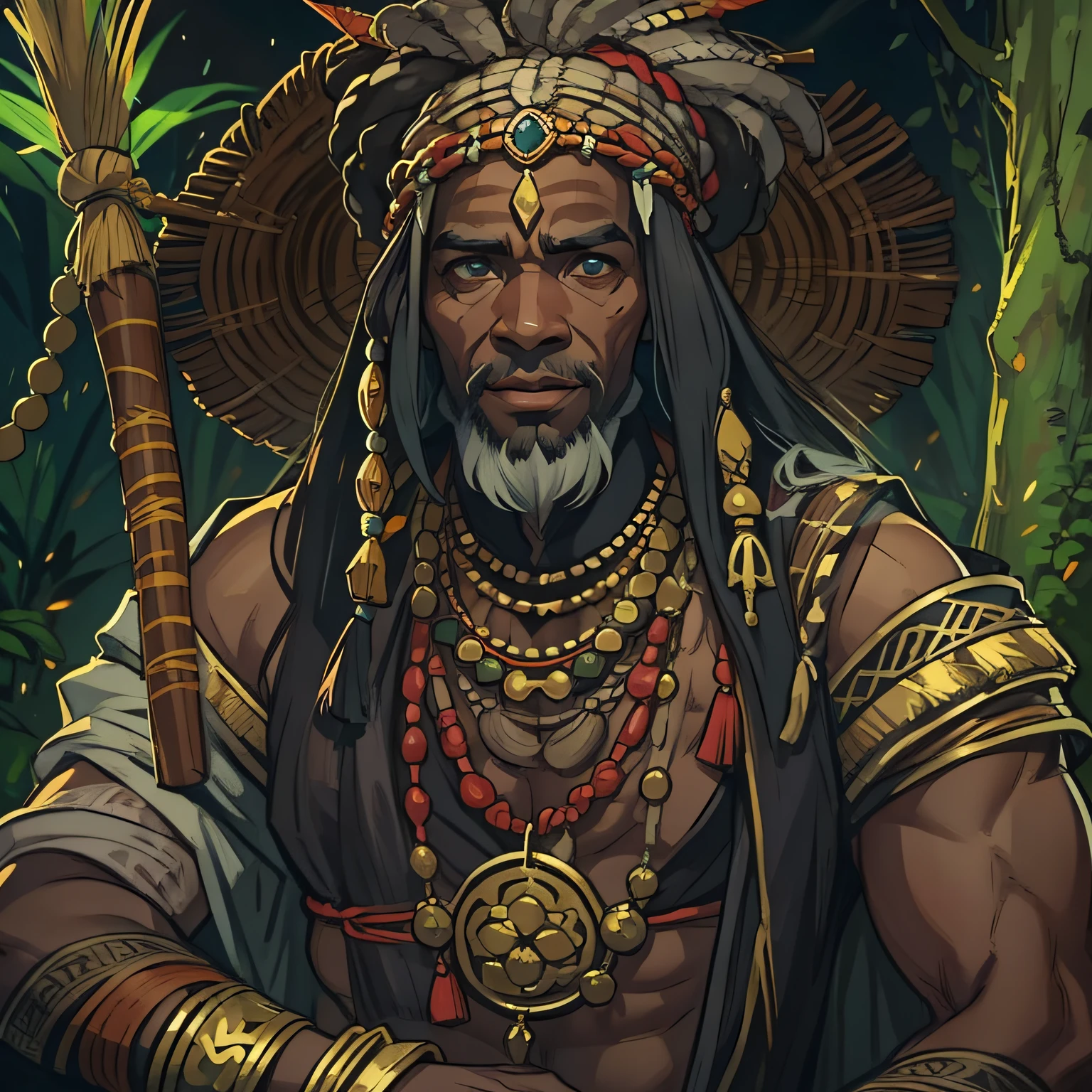 Um homem negro bonito com pele negra africana, He's a forest hunter, Wearing tribal costumes with African tribal accessories, pelo corpo,  africanos, Ele tem cabelos ondulados, cabelos castanhos cacheados, um forte, homem viril com um sorriso suave, This man is and old , He has the traits of a 40-year-old man; uma arte medieval para colorir rpg