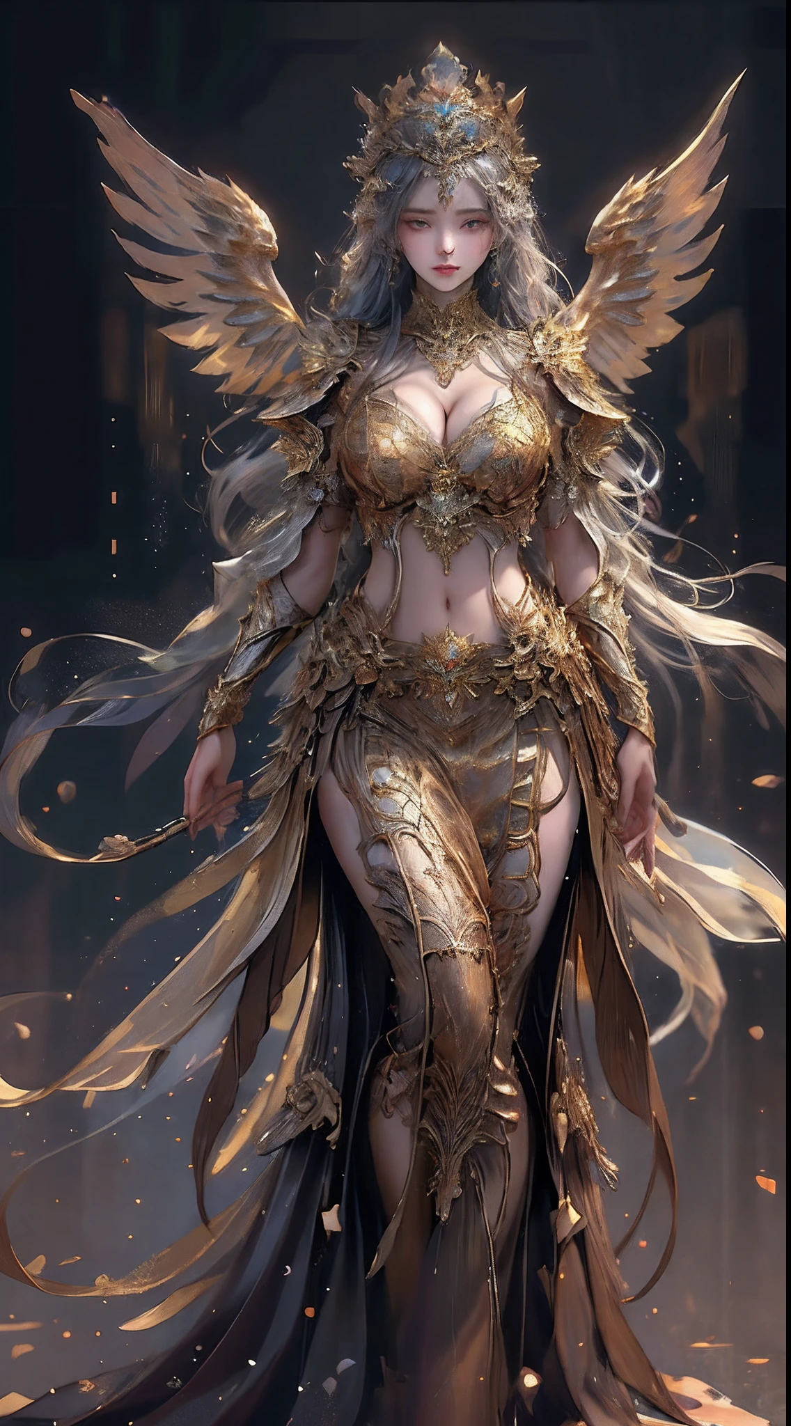 Woman in a golden transparent dress,view the viewer,(((Huge breasts, Large cleavage))),Slim waist,(navel baring,Bare waist), Long hair, Ultra-detailed details,High-end Zhenyi station, Rainstorm site, detailed fantasy art, Stunning character art, Beautiful and exquisite character art, (Beautiful golden armor), Extremely detailed, Girl in shiny armor, Exquisite tiaras and jewelry,Crystal jewelry filigree, milky ways, Stunning visuals, (dynamic streaks, light tracks:1.2), Vibrant colors,Two large wings