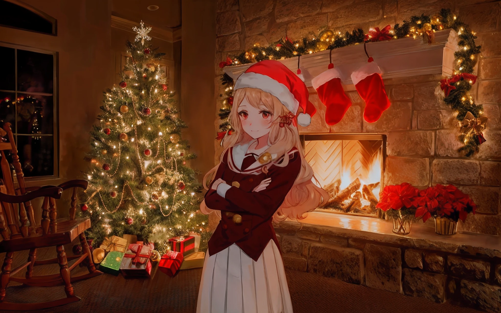 Anime girl in Santa Claus dress and hat standing in front of fireplace, Anime in white stockings, christmas night, in front of the fireplace, Made in the studio, soft-lighting, wallpapers!, beatiful face, Beautiful scarlet eyes, sexy body