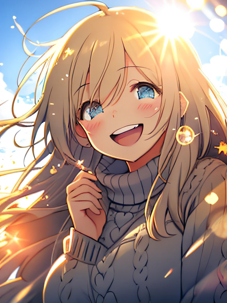 a girl, cosy sweater on, upper body, (huge Laughing:1.1), (open mouth:1.1), (wide open eyes:1.2), sun glare, bokeh, depth of field, blurry background, light particles, strong wind, (heart particles:1.1)