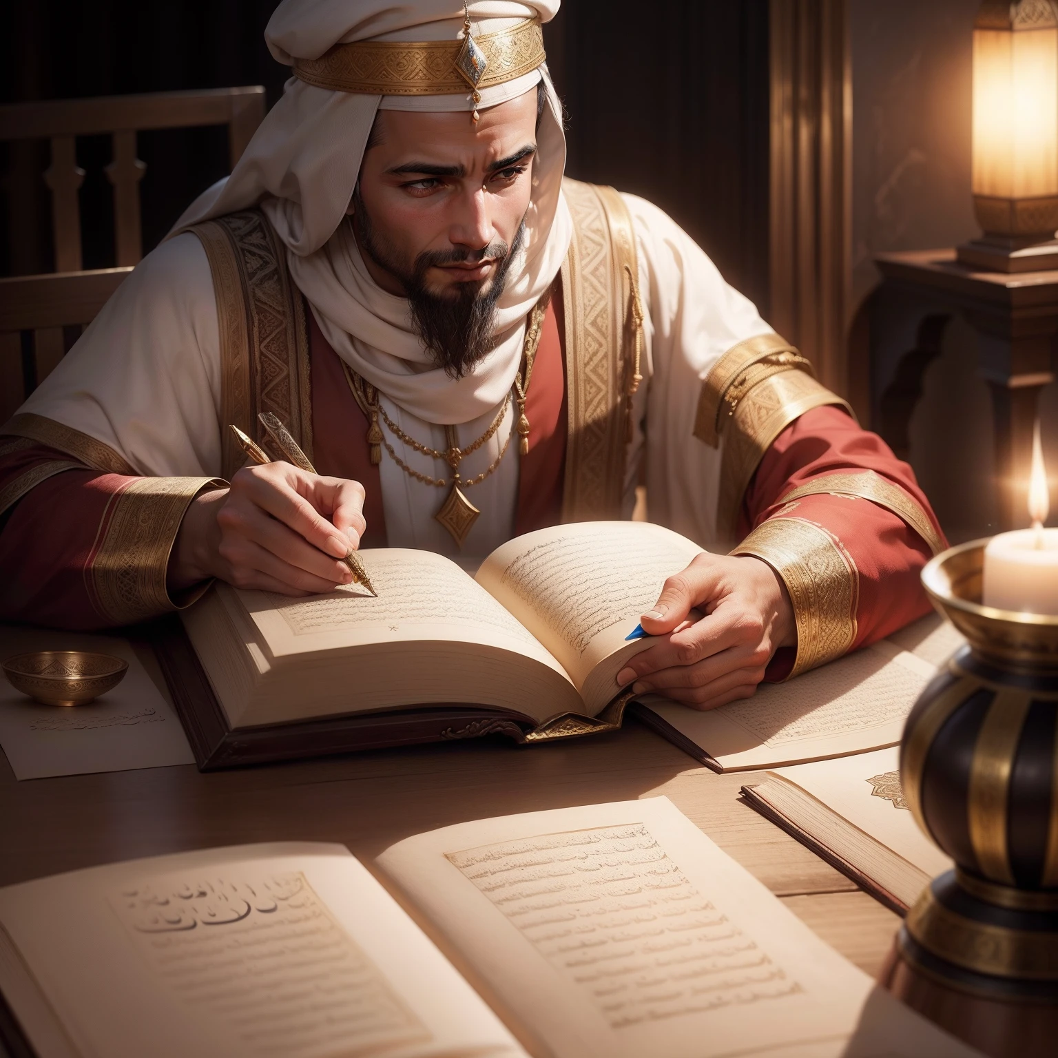 vieil homme marocain scholar moroccan dress arabe writing ancient Arabic scroll, Medieval Arabic, palais, ou, lighting, bouteille et verre de boisson sur la table pleine de nourriture, Realstic, Detailed,