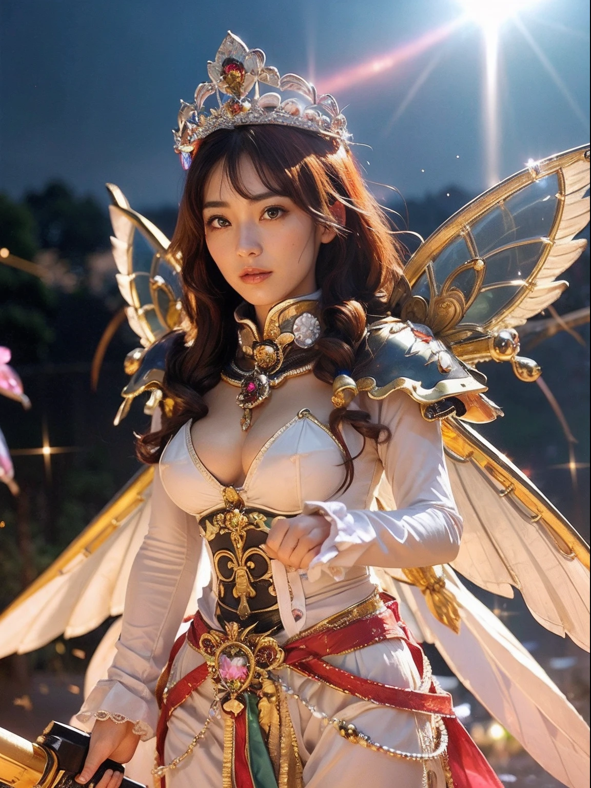 (A smile), Professional , ​masterpiece、top-quality、photos realistic , depth of fields （Gemstone White Metal Body:1.９),(Matte White Pink、Jewel Gold Weapon、（Gorgeous castle background）、（ultimate beauty girl）、（Rainbow fairy wings grow）、Particles of light、（Metal body of iridescent gemstones:1.９),Gorgeous Jewel Metal Weapons ,（maikurobikini）、 Detailed Sword of the Brave ,（ Pink hair）   ,warhammer 40k , adepta sororitas,Detail and ornate jewel crown、独奏、Brown hair、Mystical expression、cleavage of the breast、（Gangle's forest background）、Beautiful Caucasian beauty、１a person、dynamic ungle,(((Diamond tiara with detail and luxury)))、a small face、Powerful poses、（Gorgeous castle background）、huge filesize、A teenage girl、Stand in the center of the screen、Thin female fingers、Straight long hair、Beautiful Caucasian beauty、（maikurobikini）、Hair fluttering in the wind、Look at viewers、（Armpit）、Toostock、