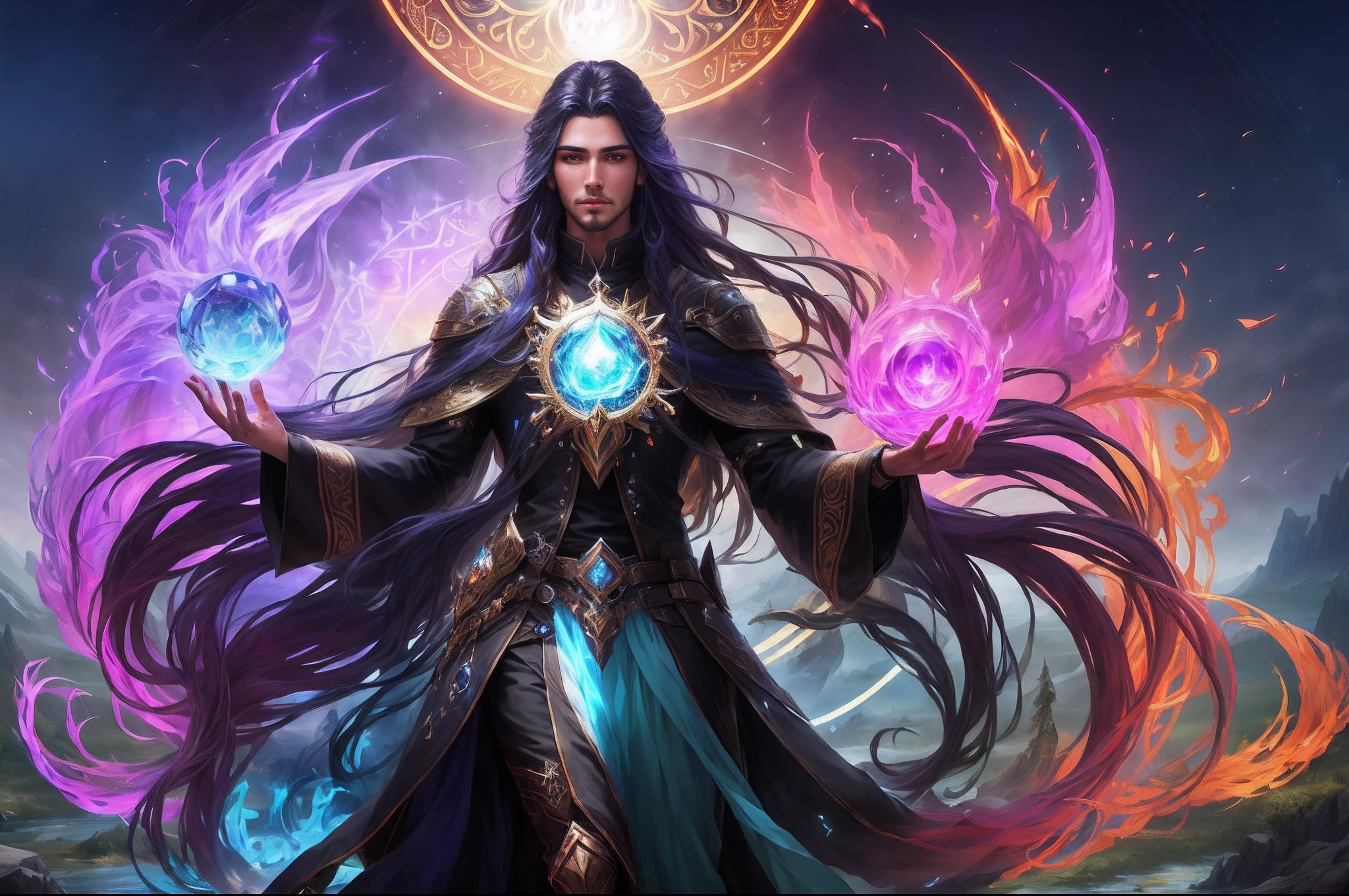 Arafard's image,A flowing beauty with long hair and a man stand in front of a circle of gemstones of different colors, full portrait of elementalist, Epic fantasy digital art style, game key art, fantasy rpg symmetrical portrait, fantasy game art, epic fantasy game art, Epic fantasy art style HD, fantasy game art style, Elemental Guardians of Life,