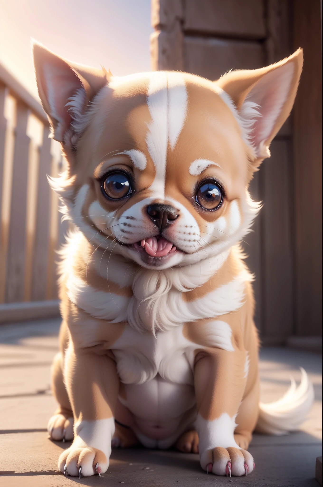 Perrito chihuahua hyperrealista, big-headed, miniatura, white color with brown spots, sacando la lengua, Super tender look, obra maestra, 4k-resolution, Super details, sentado sobre pasto, hermoso atardecer en el fondo, 2.0F, cielo colorido por los rayos del sol, con nubes, super adorable face, muy realista, perfection, pelaje a detalle,