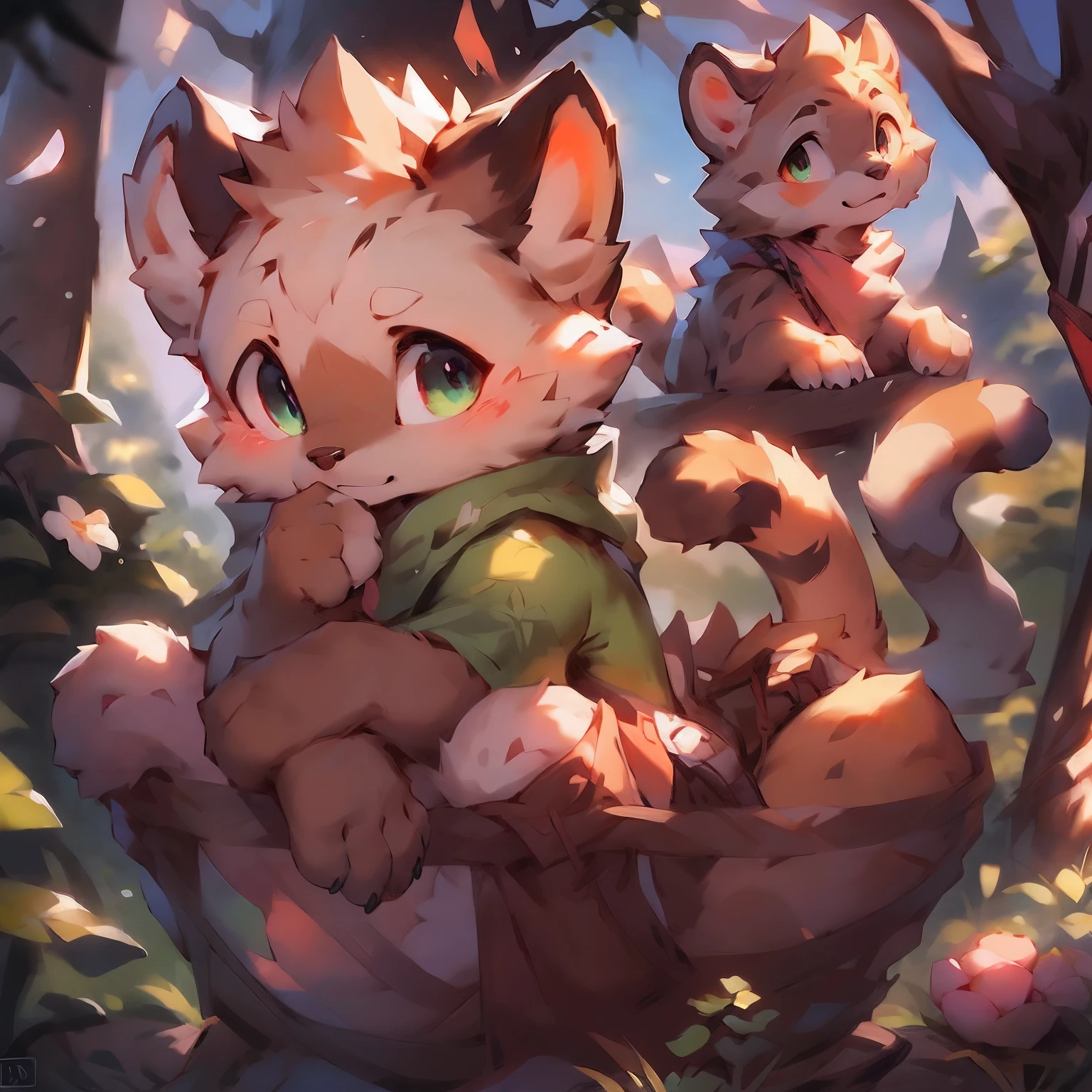 Depth of Field，Perfect lighting，Light Particles，（high quality）（masterpiece），（Very detailed），Clear focus，Light Particles蓝色的_Eye，Smile，Unique，hairy的，animal_ear_Brushed，Black Fox，hairy，Black Fox，Sunlight，Tree，happiness，Smile ，Fine Hair，Volumetric Light，Hug chest，Ancient Guard，youth