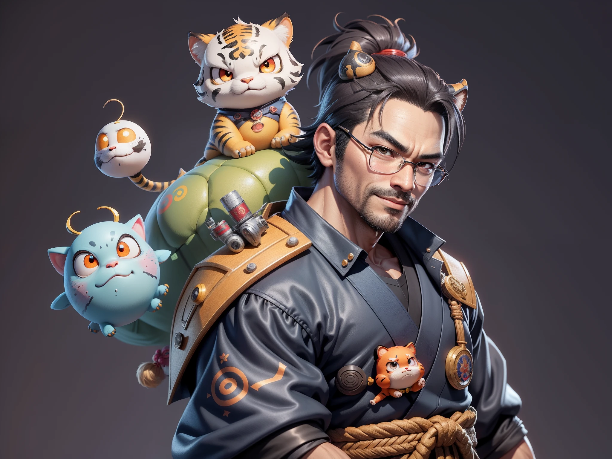 (Daisaku),(Need),(Super meticulous),(full bodyesbian:1.2),Super young man with Japanese geisha,Beautiful,orient,one tiger,Aeolian Thor,Raised sexy,爆乳,Oriental face,TV Anchor,Bust portrait illustration,In black suit,a blue tie,The face is slightly chubby,The face was clean,without a beard,Black super short hair,Black eyes,Smile confidently,3C computer sub-products,iPad, iphone,Digital painting,3D character design by Mark Clairen and Pixar and Hayao Miyazaki and Akira Toriyama,The illustration is a high-definition illustration in 4K resolution,With very detailed facial features and cartoon-style visuals。