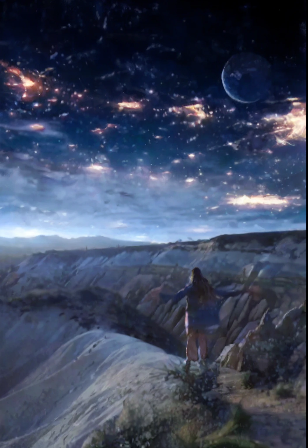 A woman stands on a mountain looking at the longing moon, highly detailed surreal vfx, looking out into the cosmos, matte painting of human mind, jessica rossier fantasy art, cosmos sem fim no fundo, optimistic matte painting, inspired by jessica rossier, otherworldly visuals, standing in outer space, In the universe.Highly realistic