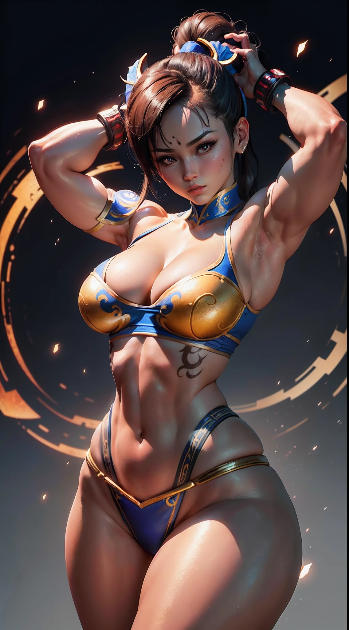 ((mulher baseada na personagem chun li)), seios grandes, medium hips, ((ultra realista)), TM Ninja branco, Icons, cores vibrantes, estilo vetorial, arte digital, 4k, detalhes intrincados, hipnotizante, feito profissionalmente, beautiful vector illustration, 12k resolution, ..3d, todos os caracteres detalhados em comprimento total, ((altamente detalhado)), ((vibrante)),((Ultra alta qualidade)), ((hiperrealismo)), ((fotorrealismo)), [octan rendering] , na cidade, muitos carros (realista)