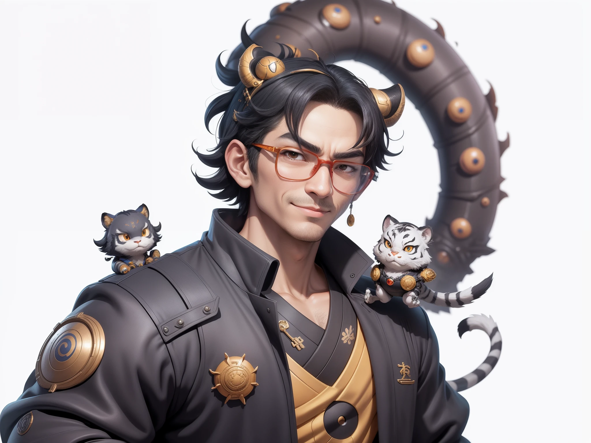 (Masterpiece), (Excellent), (Super Meticulous), (Full Body: 1.2), Super Young Man with Japanese Female Geisha, Pretty, Beautiful, Chinese Dragon, Tiger, Wind God Thor, Sexy, Bursting, Oriental Face, TV Anchor, Bust Portrait Illustration, Black Suit, Blue Tie, Slightly Chubby Face, Silver Glasses, Very Clean Face, No Beard on Chin, Black Super Short Hair, Black Eyes, Confident Smile, 3c Computer Sub-Products, iPad, iPhone, Digital Painting, 3D character design by Mark Clairedon and Pixar and Hayao Miyazaki and Akira Toriyama, the illustrations are HD illustrations in 4K resolution with highly detailed facial features and cartoon-style visuals.
