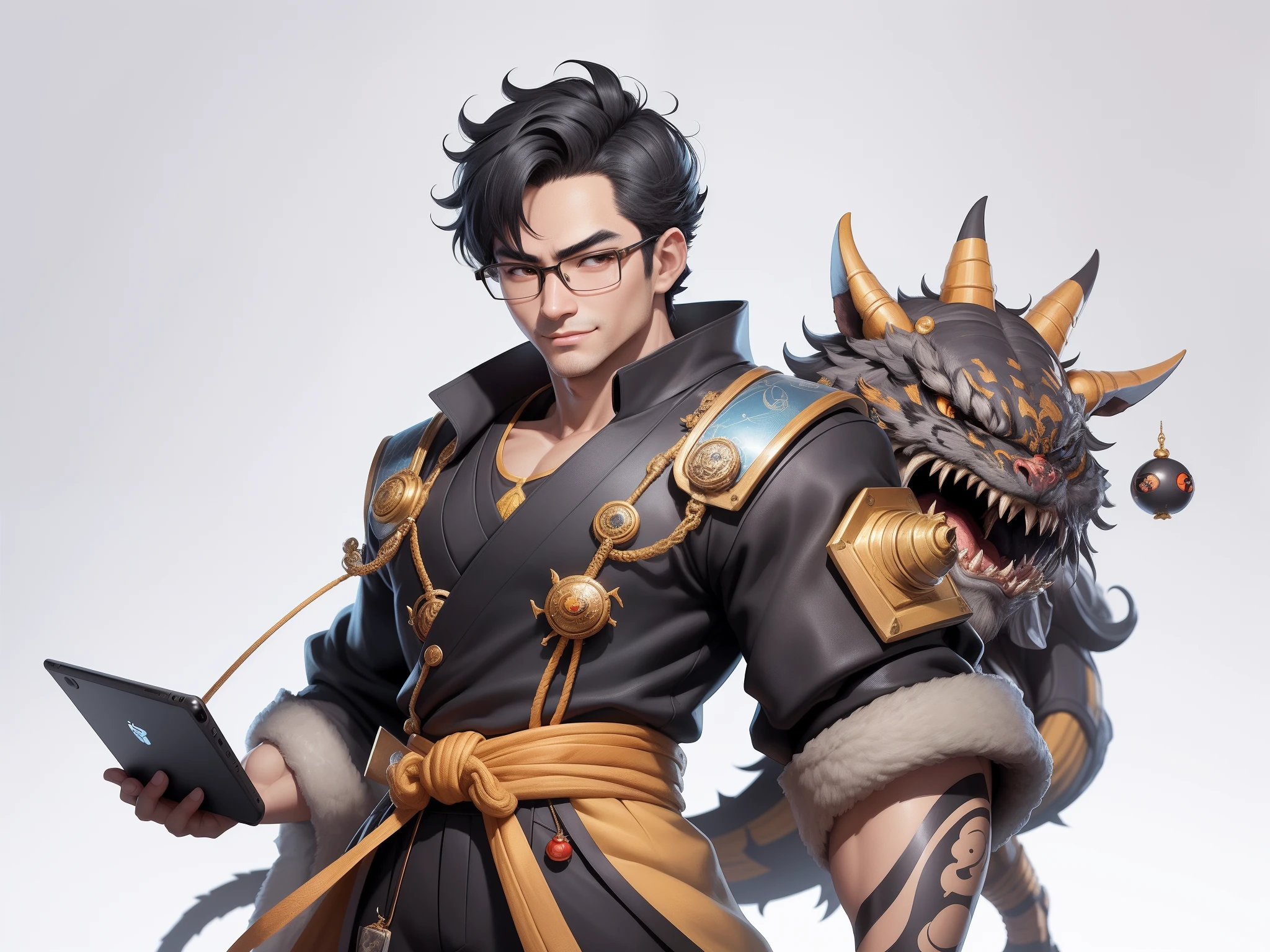 (Masterpiece), (Excellent), (Super Meticulous), (Full Body: 1.2), Super Young Man with Japanese Female Geisha, Pretty, Beautiful, Chinese Dragon, Tiger, Wind God Thor, Sexy, Bursting, Oriental Face, TV Anchor, Bust Portrait Illustration, Black Suit, Blue Tie, Slightly Chubby Face, Silver Glasses, Very Clean Face, No Beard on Chin, Black Super Short Hair, Black Eyes, Confident Smile, 3c Computer Sub-Products, iPad, iPhone, Digital Painting, 3D character design by Mark Clairedon and Pixar and Hayao Miyazaki and Akira Toriyama, the illustrations are HD illustrations in 4K resolution with highly detailed facial features and cartoon-style visuals.