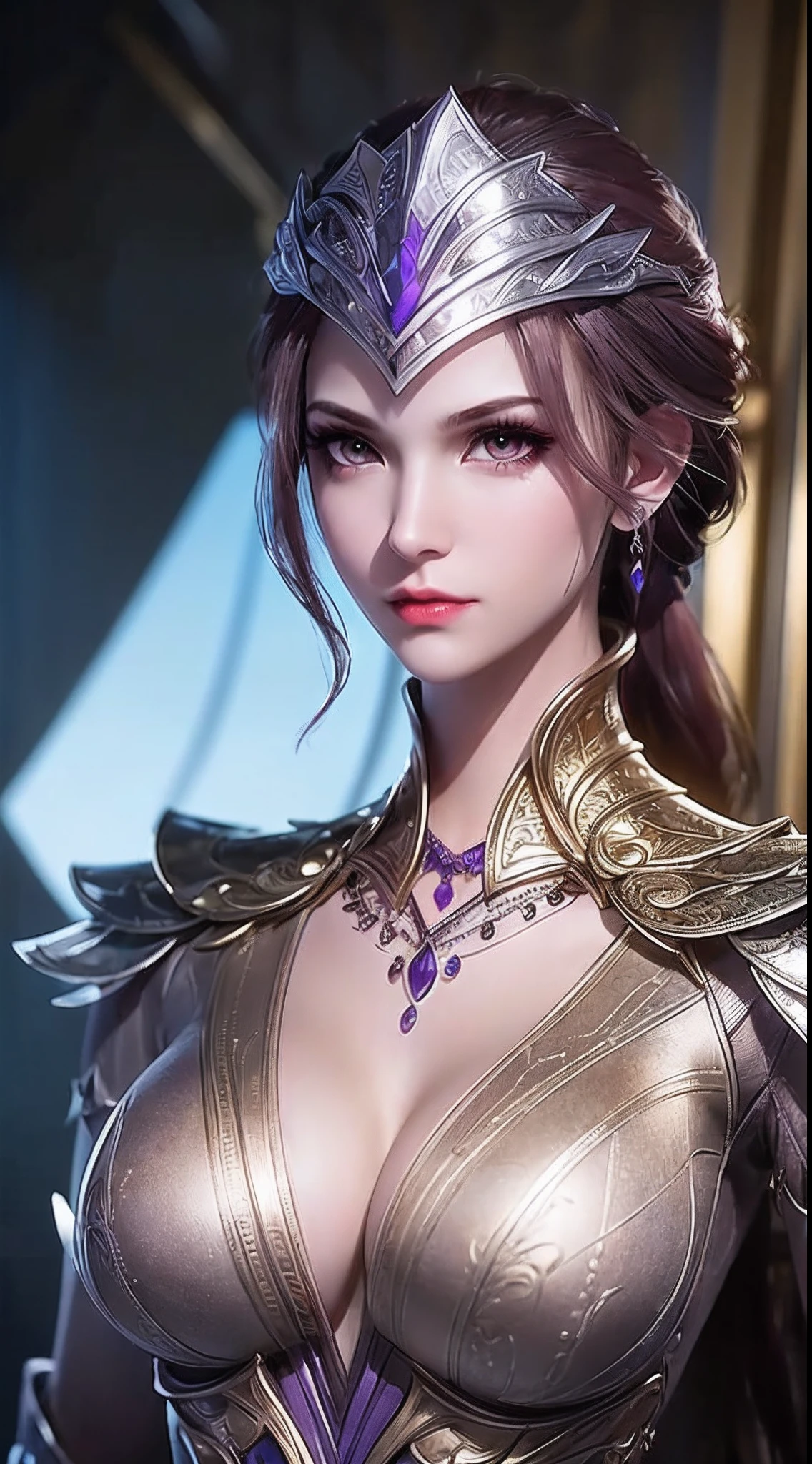 1 sexy goddess wearing sexy purple armor, armor with many intricate and sophisticated patterns, thin armor, deep slit shirt, long and silky purple hair, The most beautiful and detailed hair jewelry, beautiful little face thin eyebrows, the most beautiful and spotless face, ((black iris:0.8)), the very beautiful eyes, big round eyes, ((dark purple color eyes:1.1)), fine and detailed makeup eyelashes, high nose, wearing earrings, small red lips, rosy face, clean face, beautiful face without blemish, smooth white skin, ((big breasts: 0.9)), Blums boobs, ((big and super round breasts:0.9)), ((super tight breasts:1.2)), ((breast augmentation: 0.8)), beautiful breasts, slim and petite body, ((thin waist: 0.9)), upper body of a beautiful girl, Hot and sexy petite body, sexy girl, 8k photo, super high quality, super realistic, 10x super pixels, photo realistic, dark studio, border light, two tone light, (detailed skin high: 1.2), 8k uhd, dslr, soft light, high quality, volumetric light, candid, Photo, high resolution, light, best photo, 4k quality, 8k, Bokeh, Smooth and sharp, pixel up 10 times, (background space: 1.8), (galaxy: 1.7), aurora, lightning, super graphics, the most realistic graphics,(Aurora Background: 1.8), alone, solo, portrait 9:16, Extremely sharp, super realistic images,