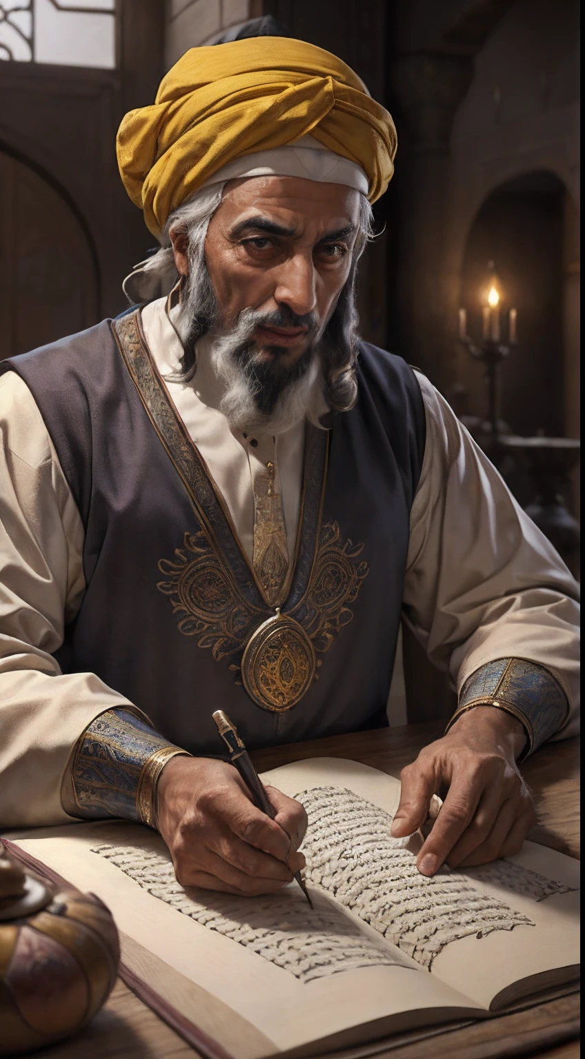 vieil homme arabe moroccan scholar with yellow turban writing ancient scroll, Medieval Arabic, palais, ou, lighting, bouteille et verre de boisson sur la table pleine de nourriture, Realstic, Detailed,