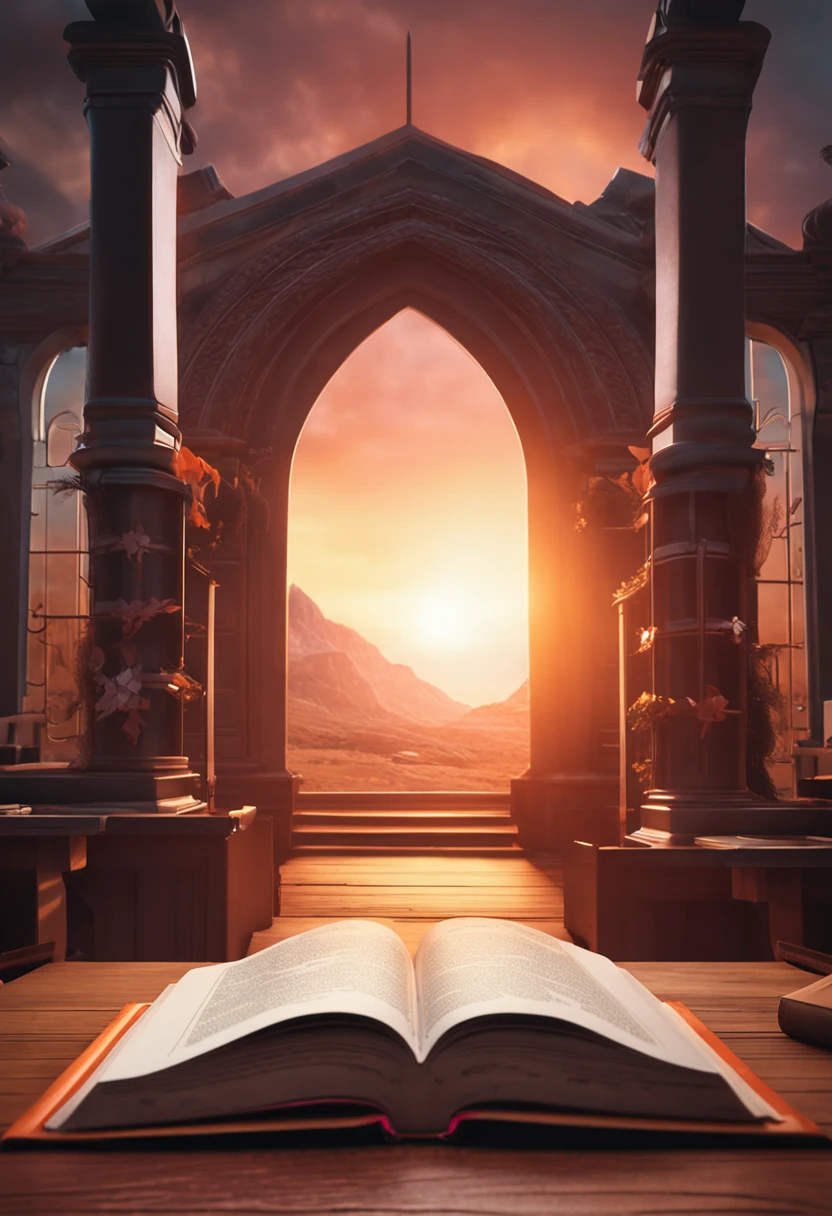 book mockup on the wood table in church background for product presentation. intricate details, 3d octane rendering, cinematic lights, emotional expressiveness, sunset light, smooth light