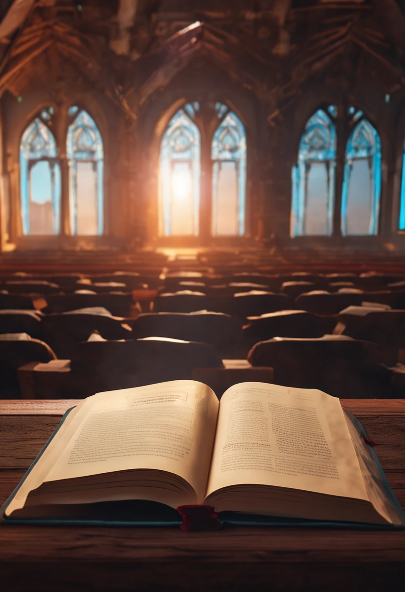 book mockup on the wood table in church background for product presentation. intricate details, 3d octane rendering, cinematic lights, emotional expressiveness, sunset light, smooth light