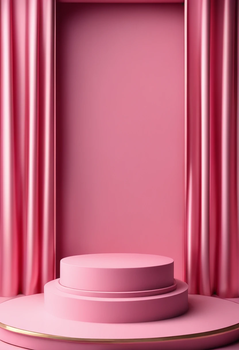 3D display podium pink background. Luxury silk cloth in motion. Glamour minimal gold pedestal for beauty, cosmetic product presentation. Feminine copy space, brown template, studio 3d render