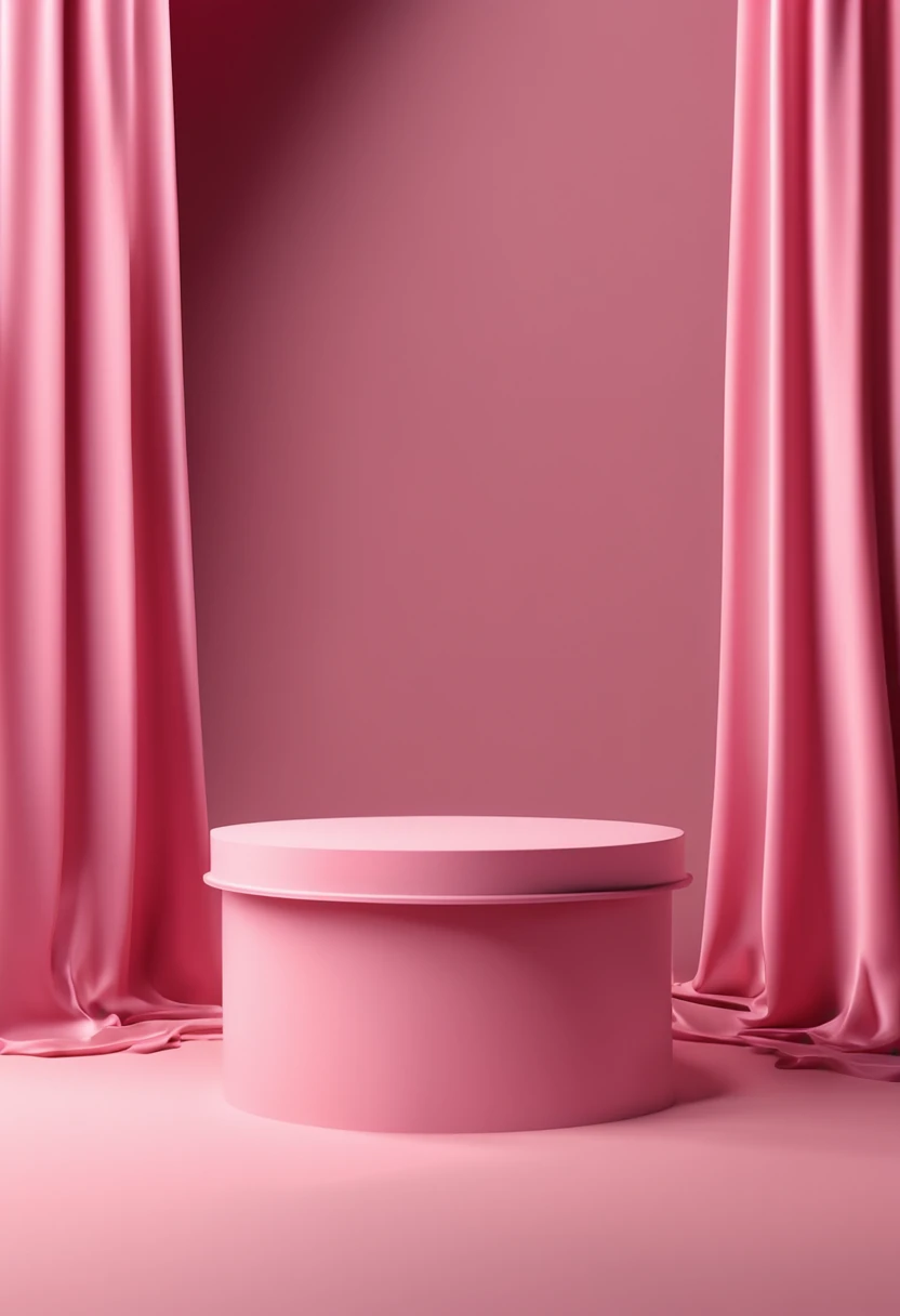 3D display podium pink background. Luxury silk cloth in motion. Glamour minimal gold pedestal for beauty, cosmetic product presentation. Feminine copy space, brown template, studio 3d render