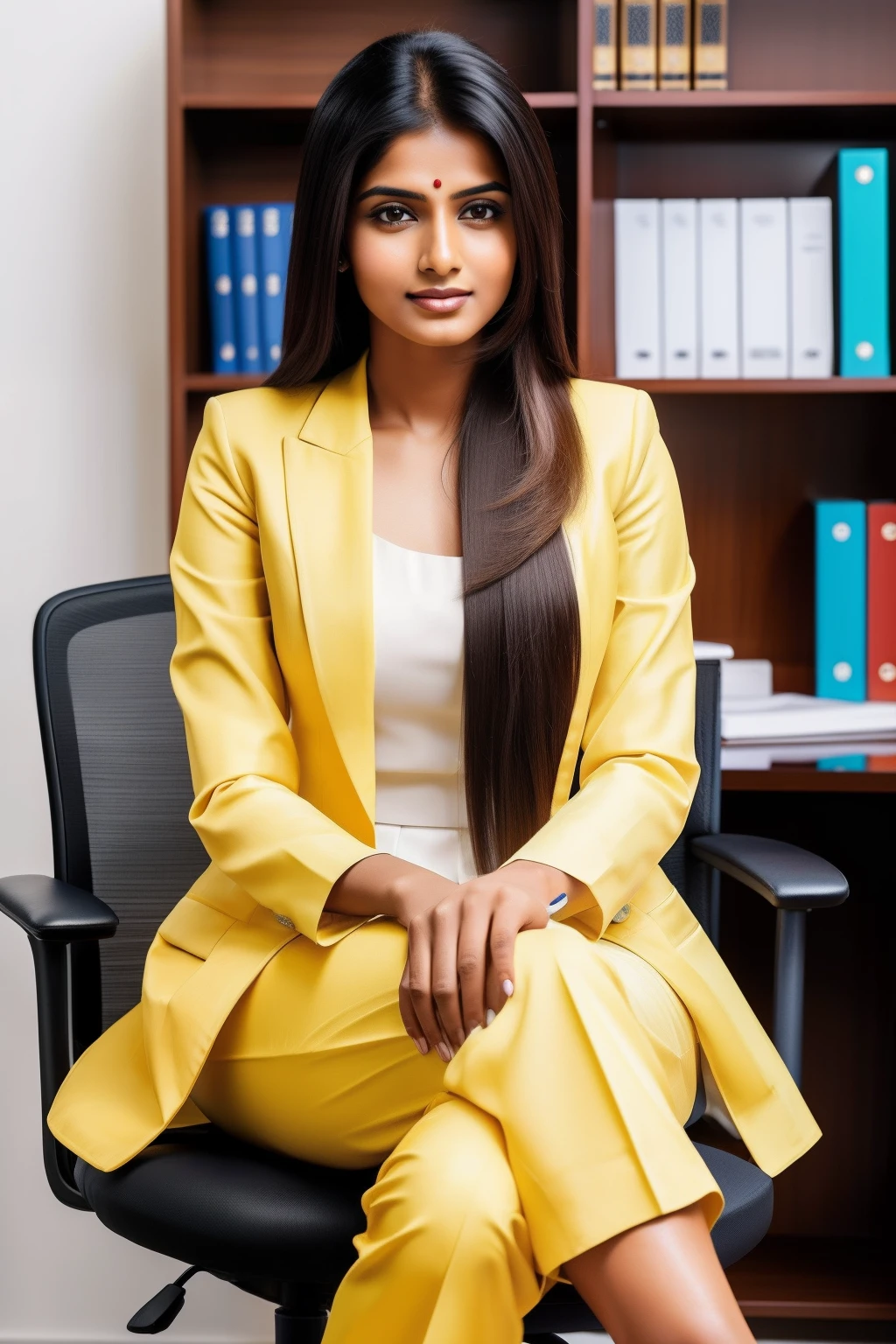 indian long hair woman in yellow saari sitting at a table, photo of a woman, sitting at desk, wearing a loyer suit, corporate photo, handsome woman, professional portrait hd, wearing doctors white suit, sitting at a desk, a photo of a woman, handsome and attractive, professional profile photo, attractive long hair woman, sitting behind desk