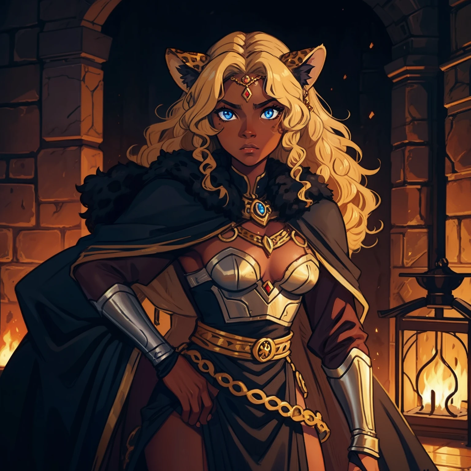 Dark Skin Woman. Leopard Woman. Blue eyes. Blond hair. Dark skin Woman. Medieval art. Curly Hair. Curly Blond Hair. Alone. DARK SKIN. Leopard Ears. Warrior Clothes
