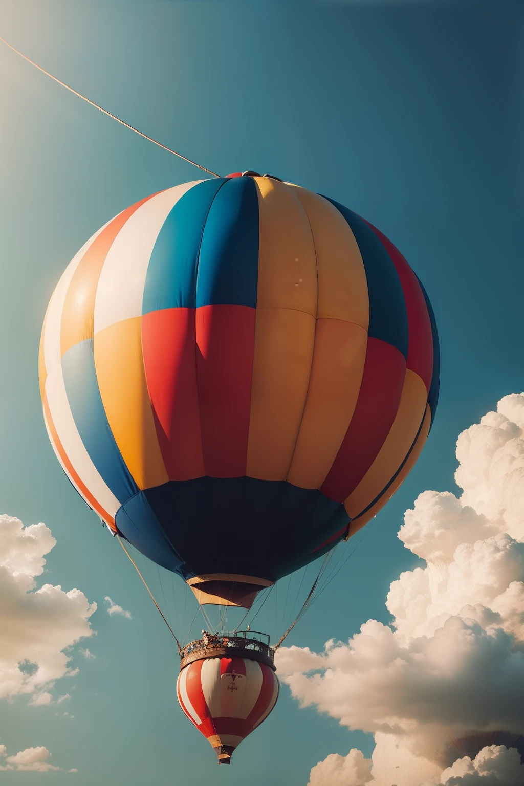 Hot air balloon with striped colors in yellow tone, vermelho, azul, verde e branco realista