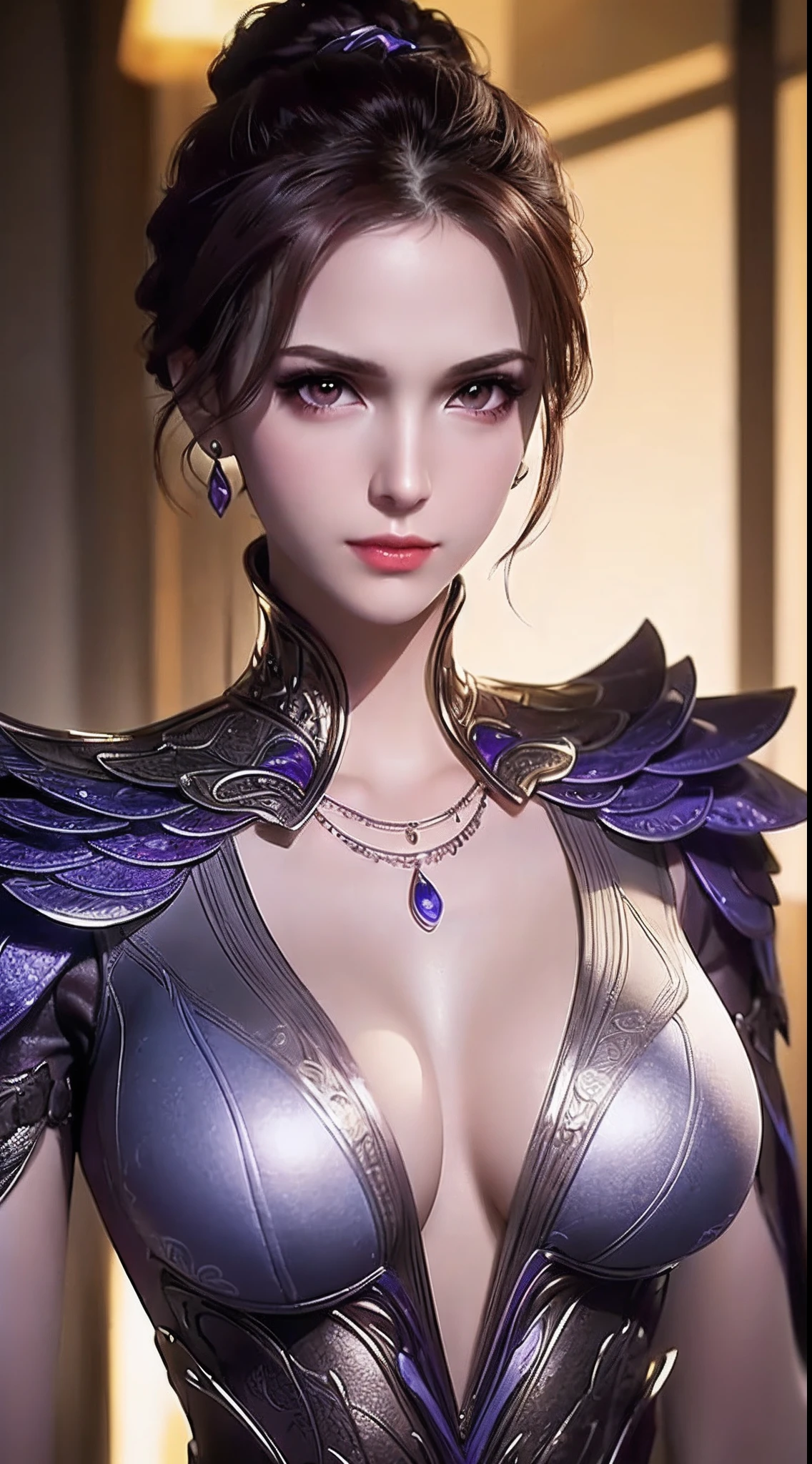 1 sexy goddess wearing sexy purple armor, armor with many intricate and sophisticated patterns, thin armor, deep slit shirt, long and silky purple hair, The most beautiful and detailed hair jewelry, beautiful little face thin eyebrows, the most beautiful and spotless face, ((black iris:0.8)), the very beautiful eyes, big round eyes, ((dark purple color eyes:1.1)), fine and detailed makeup eyelashes, high nose, wearing earrings, small red lips, rosy face, clean face, beautiful face without blemish, smooth white skin, ((big breasts: 0.9)), Blums boobs, ((big and super round breasts:0.9)), ((super tight breasts:1.2)), ((breast augmentation: 0.8)), beautiful breasts, slim and petite body, ((thin waist: 0.9)), upper body of a beautiful girl, Hot and sexy petite body, sexy girl, 8k photo, super high quality, super realistic, 10x super pixels, photo realistic, dark studio, border light, two tone light, (detailed skin high: 1.2), 8k uhd, dslr, soft light, high quality, volumetric light, candid, Photo, high resolution, light, best photo, 4k quality, 8k, Bokeh, Smooth and sharp, pixel up 10 times, (background space: 1.8), (galaxy: 1.7), aurora, lightning, super graphics, the most realistic graphics,(Aurora Background: 1.8), alone, solo, portrait 9:16, Extremely sharp, super realistic images,