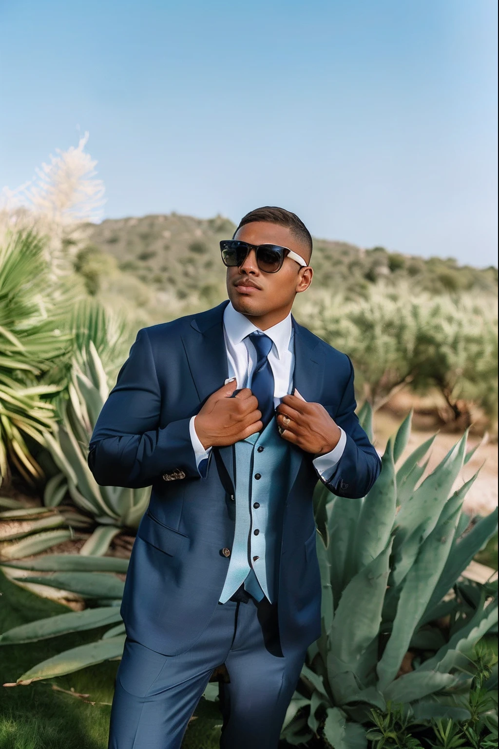 arafed man in a blue suit and sunglasses standing in front of a cactus, in suit with black glasses, wearing a suit and glasses, suit and tie, blue suit, wearing suit and tie, suit and waistcoat, in his suit, wearing a light blue suit, wearing dark blue suit, dressed in a suit, wearing a stylish men's suit