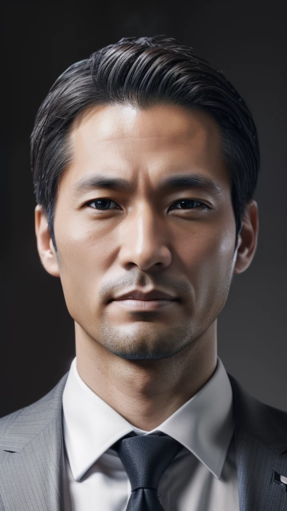 (the Extremely Detailed CG Unity 8K Wallpapers,masutepiece, Best Quality, Ultra-detailed),  Gray background, 35-year-old male living in Japan, Sincere 35 year old man,  cheekbones stand out, ((Thin Eyes)), Narrow eyes, A heavy eyelid, slim figure, Sharp Suit,facing front