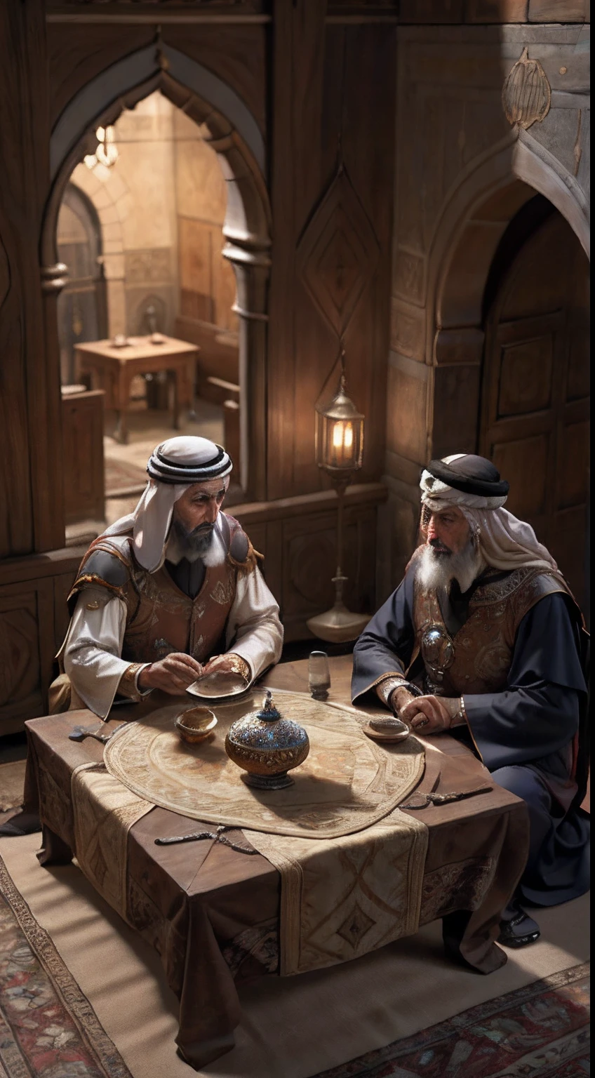 vieils hommes moroccan  scholars arabe, Medieval Arabic, discussing Scrolls palais, ou, lighting, bouteille et verre de boisson sur la table pleine de nourriture, Realstic, Detailed,