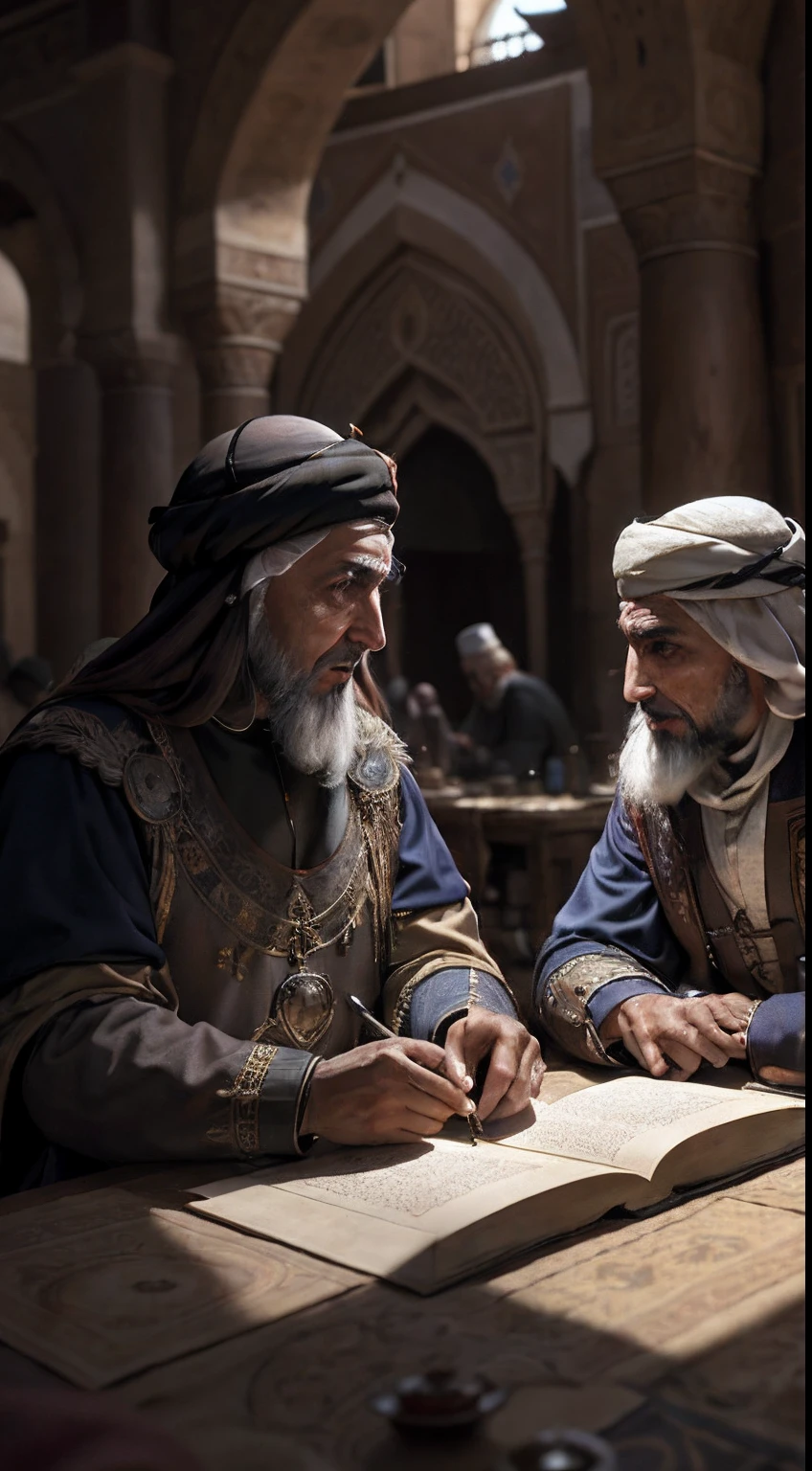 vieils hommes moroccan  scholars arabe, Medieval Arabic, discussing Scrolls palais, ou, lighting, bouteille et verre de boisson sur la table pleine de nourriture, Realstic, Detailed,