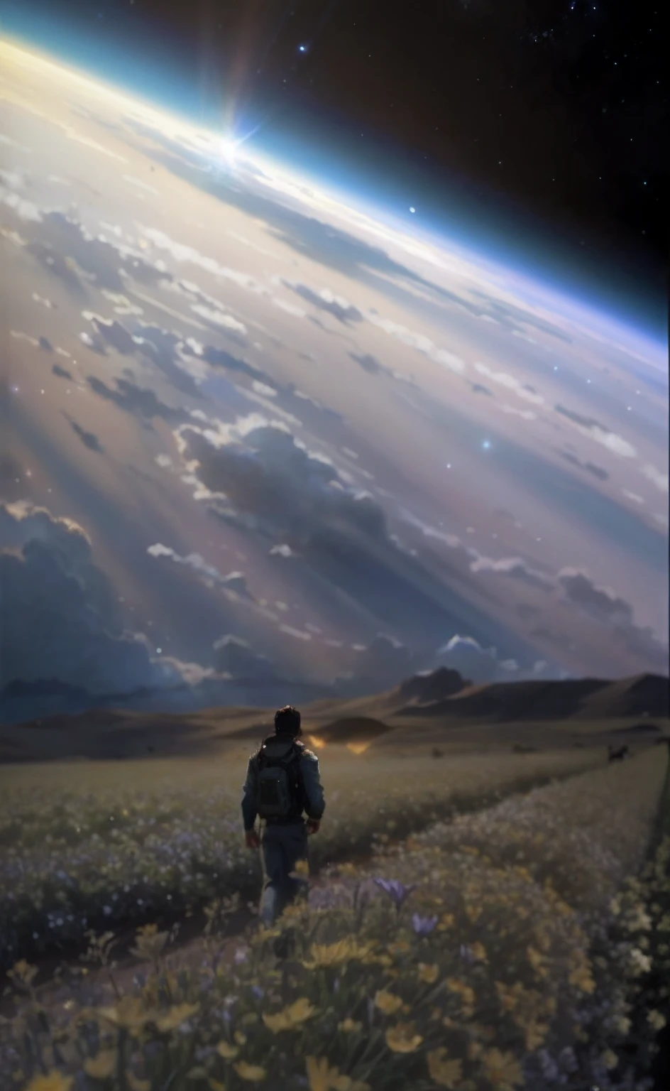Alafid view of a man walking through a flower field, looking off into space, Cosmos Sky. By Makoto Shinkai, travis scott flying over earth, nasa footage, inspired by jessica rossier, Interstellar surrealism, sitting on the cosmic cloudscape, by jessica rossier, A cena mais bonita, makoto shinkai and bioware
