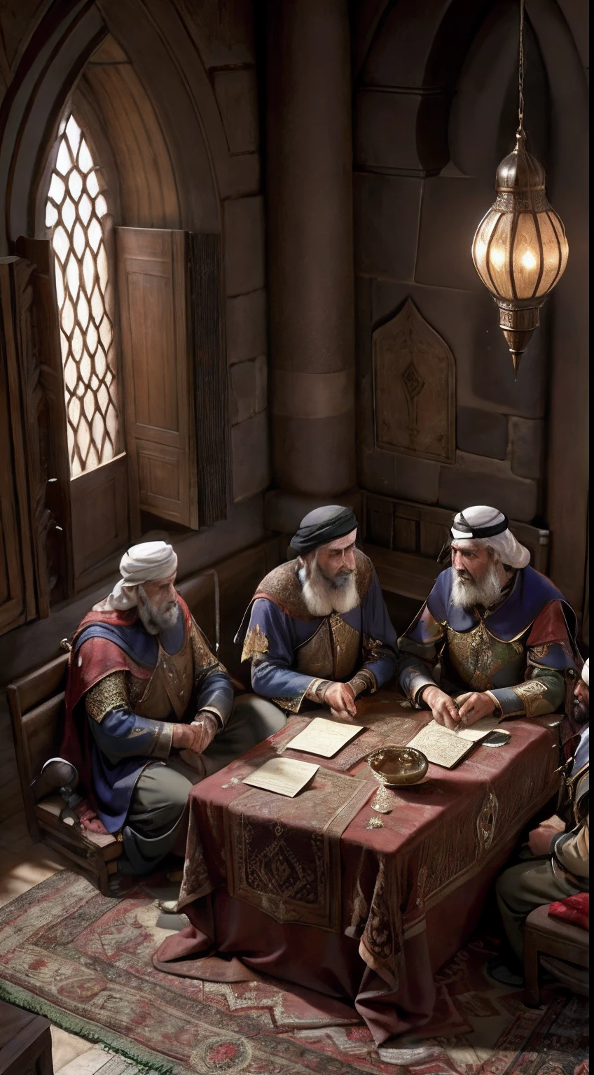 vieils hommes moroccan  scholars arabe, Medieval Arabic, discussing Scrolls palais, ou, lighting, bouteille et verre de boisson sur la table pleine de nourriture, Realstic, Detailed,