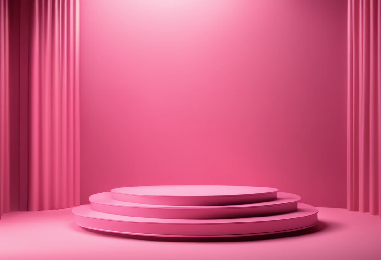 3D display pink podium background. Tecido de seda de luxo em movimento. Glamour Minimum Gold Pedestal for Beauty, Presentation of the cosmetic product. Female copy space, modelo marrom, Studio 3D Rendering