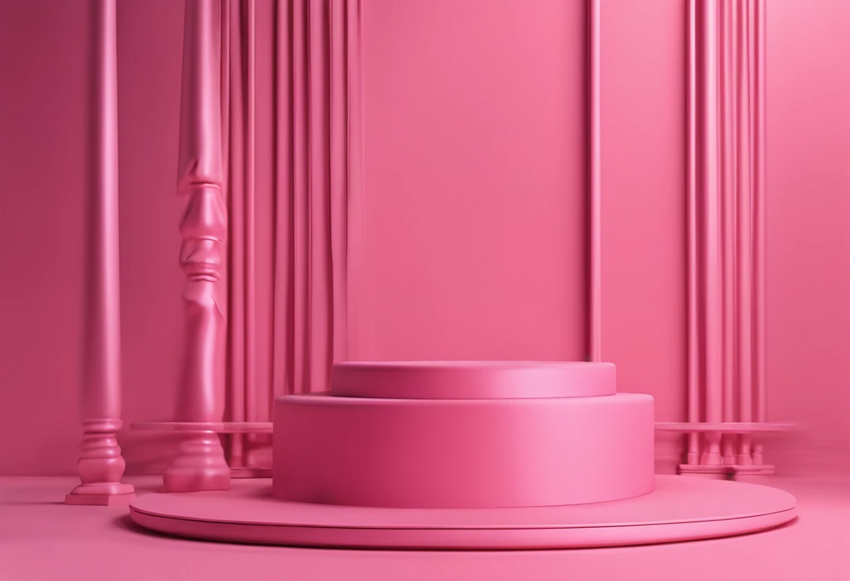 3D display pink podium background. Tecido de seda de luxo em movimento. Glamour Minimum Gold Pedestal for Beauty, Presentation of the cosmetic product. Female copy space, modelo marrom, Studio 3D Rendering