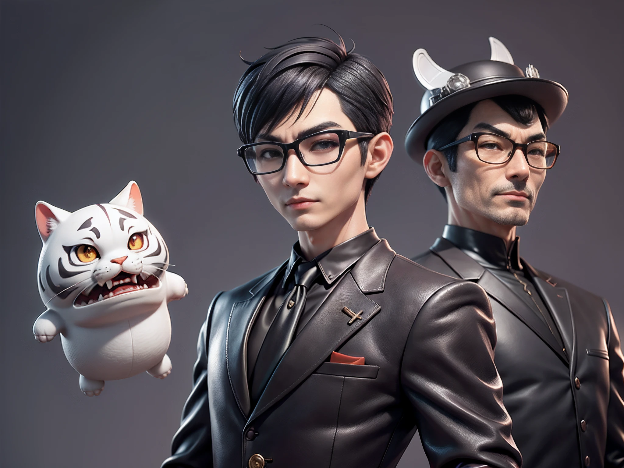 Young man with oriental face in leather hat, tiger, oriental face in formal suit, short black hair, silver glasses, digital painting, 3D character design by Mark Clairedon and Pixar and Hayao Miyazaki and Akira Toriyama, the illustration is a high-definition illustration in 4K resolution with very detailed facial features and cartoon-style visuals.