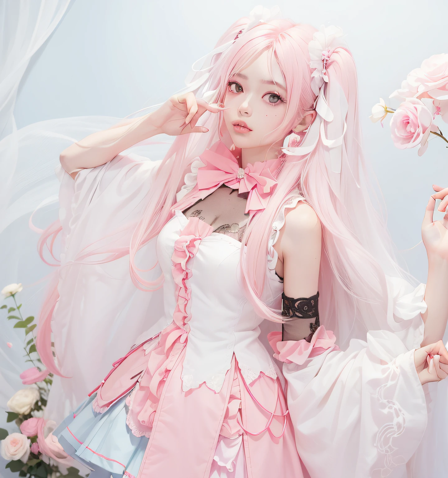 hatsune miku, cabelos rosas, roupas rosas, arte conceitual, ângulo superior de um Will-o'-the-wisp, vestindo Funny Somali rosa profundo Pinafore, cabelo rosa bebe estilizado super longo e preso nas laterais, gravata de cabelo rosa neon, equiretangular 360, Highres, [(arte de Willi Baumeister:1.1), (arte de John T. Biggers:1.2)::17], arte oficial, papel de parede Unity 8k, ultra detalhado, aesthetic, obra-prima, melhor qualidade, fotorrealista