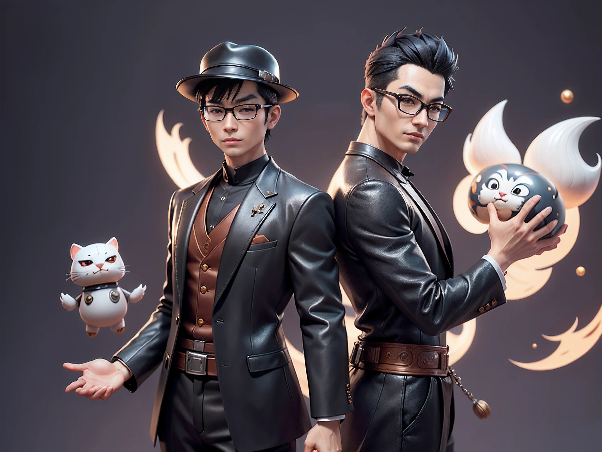 Young man with oriental face in leather hat, dragon, formal suit, short black hair, silver glasses, digital painting, 3D character design by Mark Clairedon and Pixar and Hayao Miyazaki and Akira Toriyama, the illustration is a high-definition illustration in 4K resolution with very detailed facial features and cartoon-style visuals.