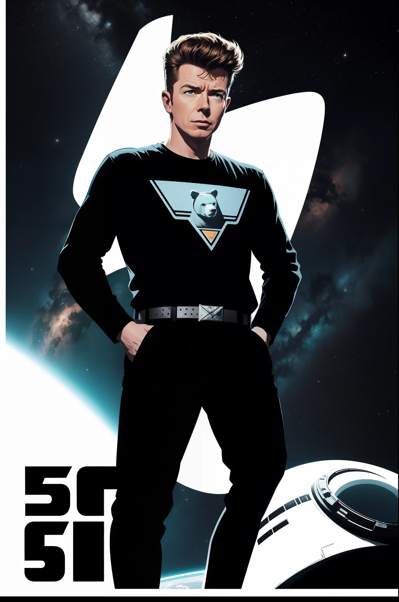 vector for t-shirt print of rick astley dressed as a bear, style sci-fi movies from the 50s, style image from old movies from the 60s, image with white background, highlight for styled image of space movies from the 50s and their look